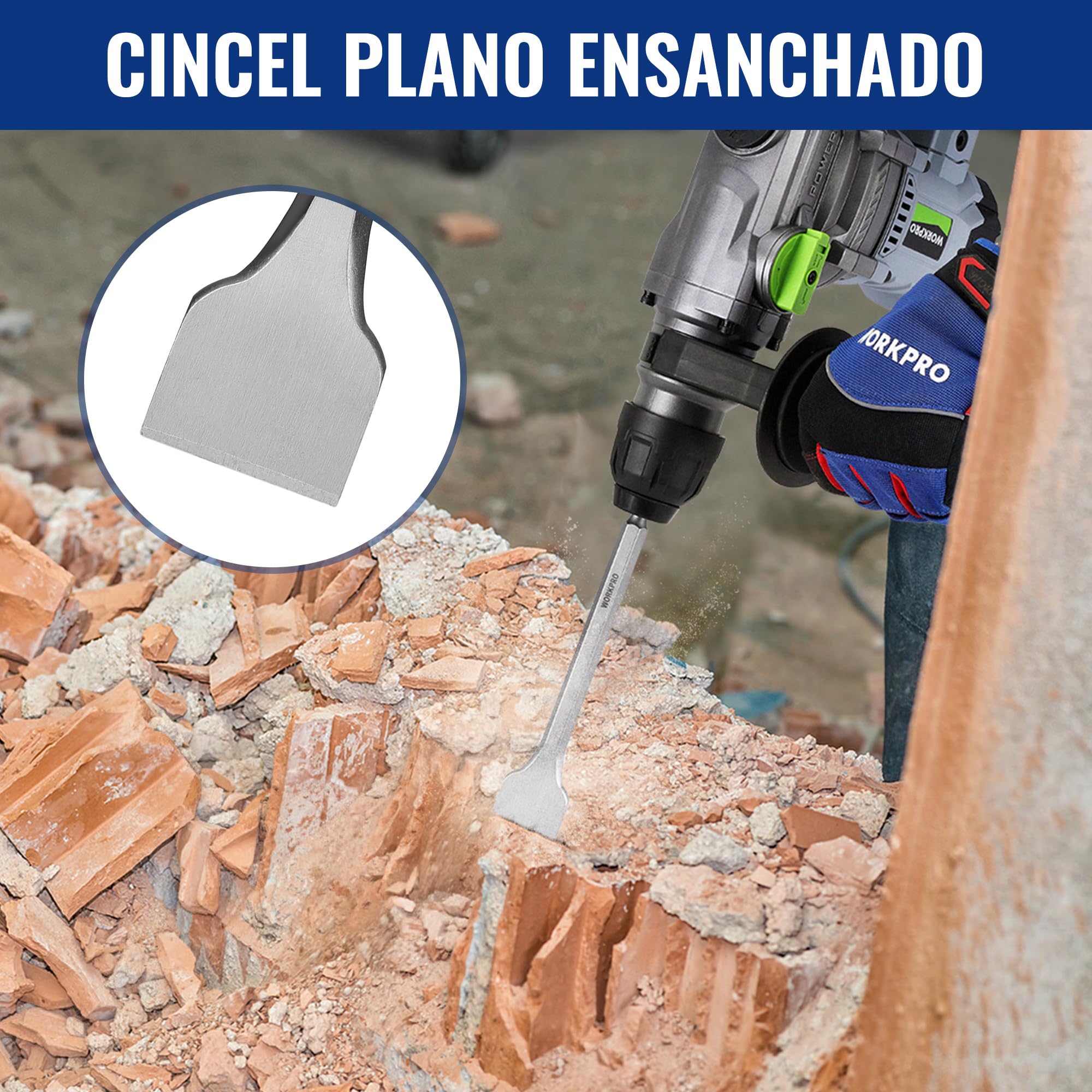 WORKPRO Juego de Brocas y Cinceles SDS Plus de 17 Piezas, Accesorios para Taladros de Martillo, con Estuche de Almacenamiento, para Concreto, Azulejos, Ladrillos, Cemento, Piedra y Mampostería