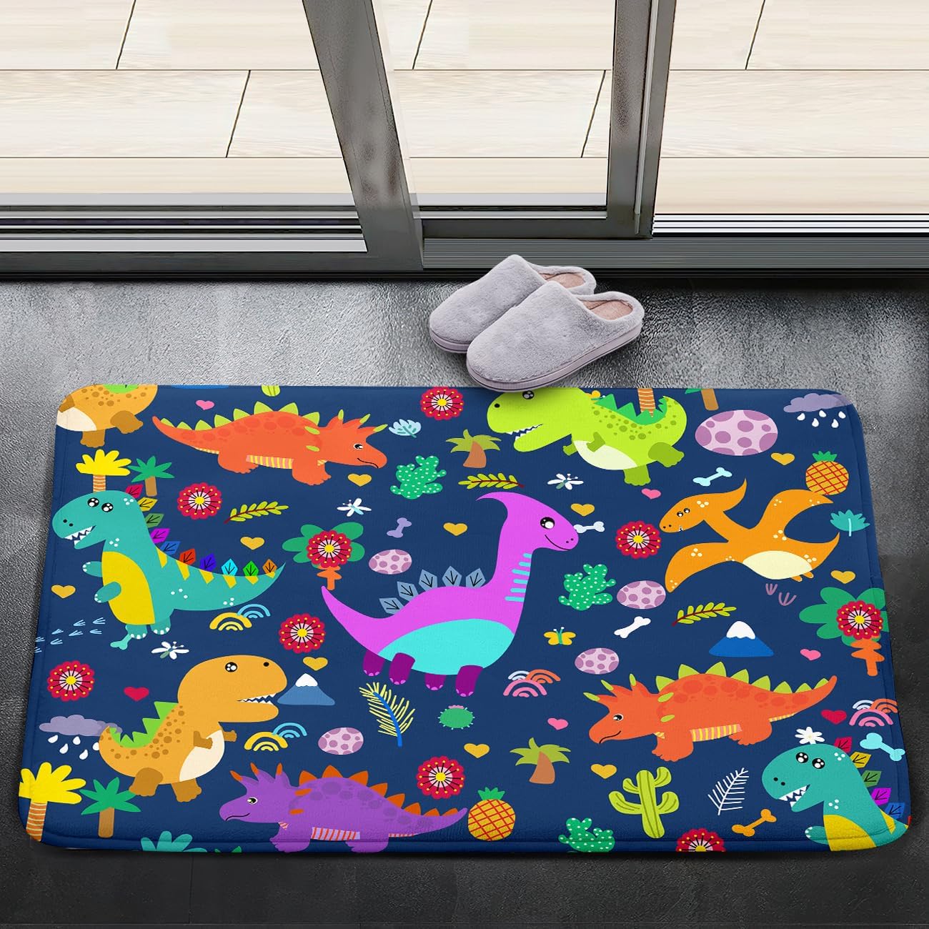 Dinosaur Rug - Cartoon Dinosaur Rugs for Boys Bedroom Playroom Kids Carpet Play Mat, Colorful Dino Carpet for Bedroom Living Room Floor Mats Decor, Blue 2'×3'