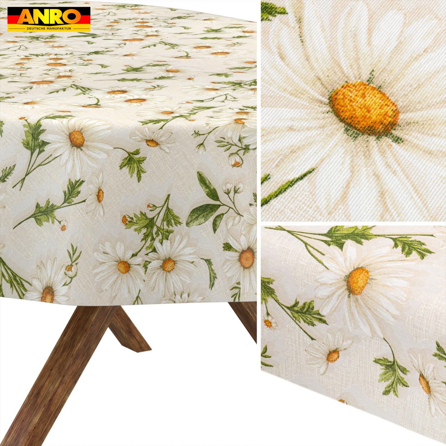 ANRO Nappe Lavable, Motif Marguerites Blanches, Ovale, 240 x 140 cm, imperméable, pour l'intérieur et l'extérieur, Effet Lotus, Bord coupé