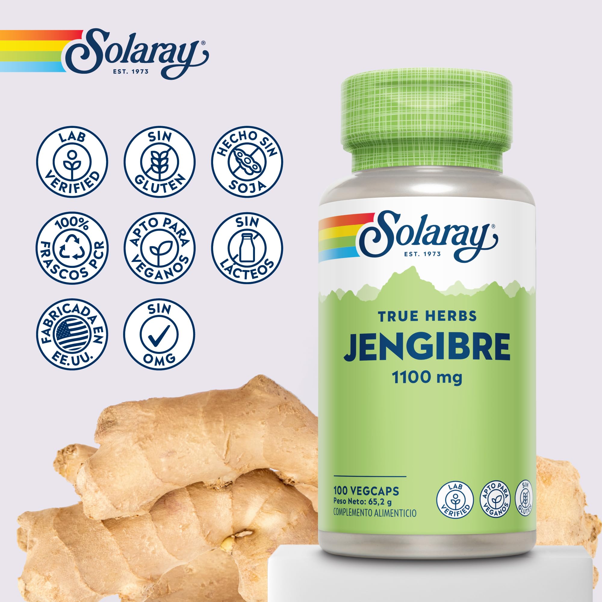 Jengibre – 100 cápsulas veganas – Suplemento de jengibre de alta resistencia, no tabletas ni chupitos, raíz de Zingiber Officinale, sin OMG y verificado en laboratorio Solaray