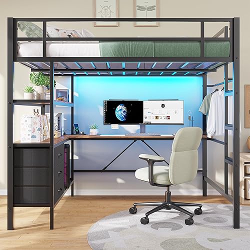 Miniatura 3 de DICTAC Cama tipo loft de tamaño full con escritorio en forma de L y estación de carga, cama alta de metal tamaño full con luces LED, estantes de
