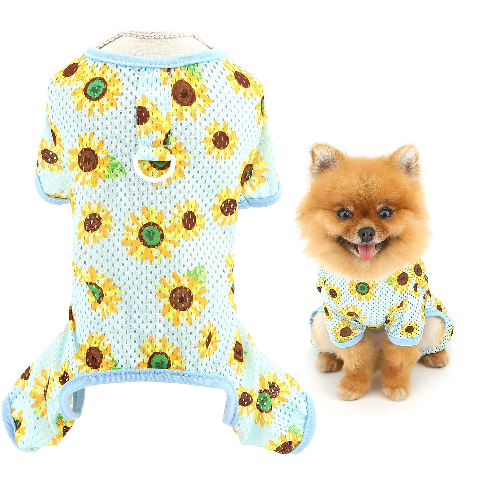 SMALLLEE_LUCKY_STORE Cool Mesh Dog Pajamas Summer Clothes for Small Dogs Pet Jumpsuit with D-ring Sunflower Printed Puppy Pjs Stretchable Breathable Pullover Chihuahua Yorkie Cat Apparel, Blue, XL