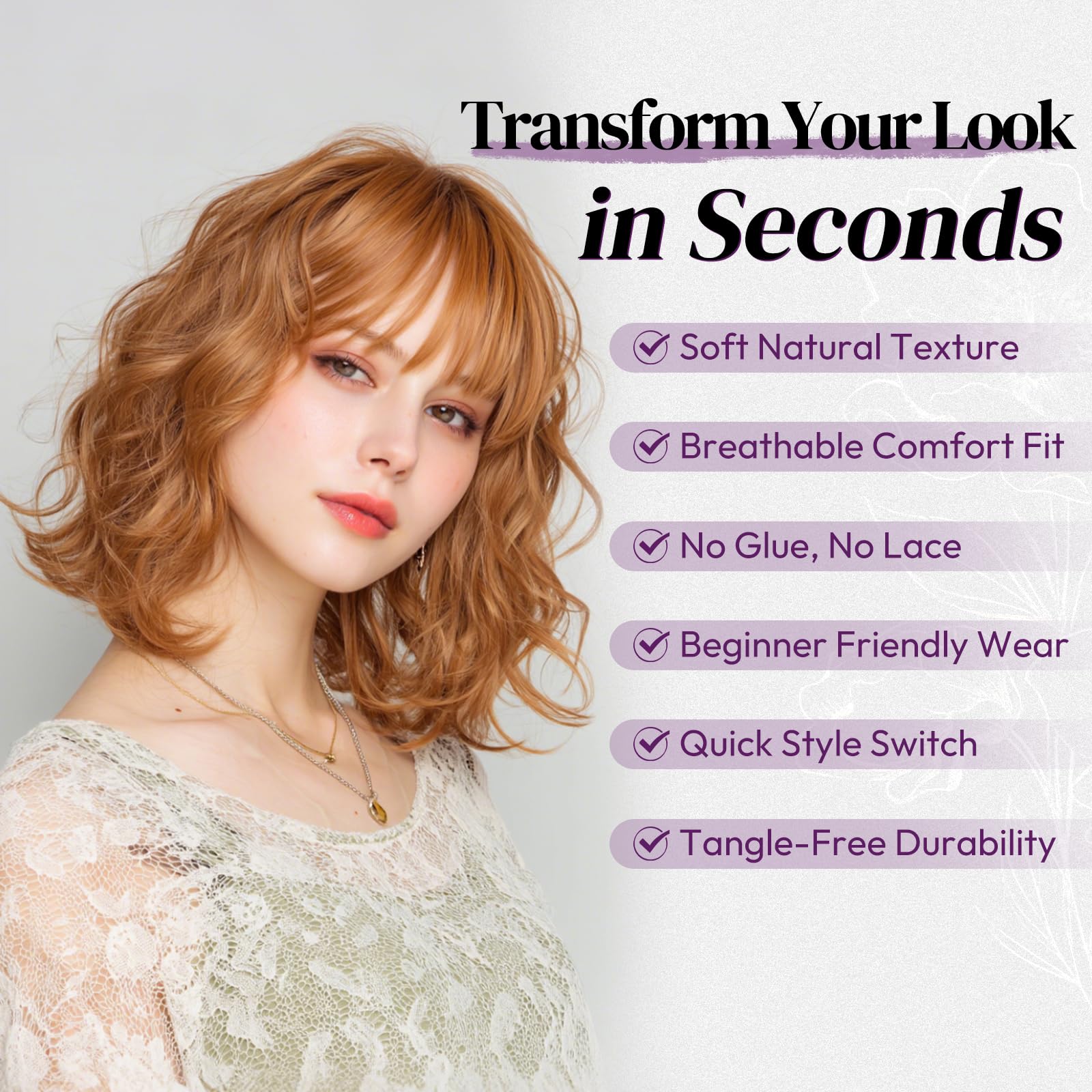 BARSDAR Short Wavy Golden Ginger Wig with Bangs, Short Golden Ginger Bob Wigs for Women - Image 4