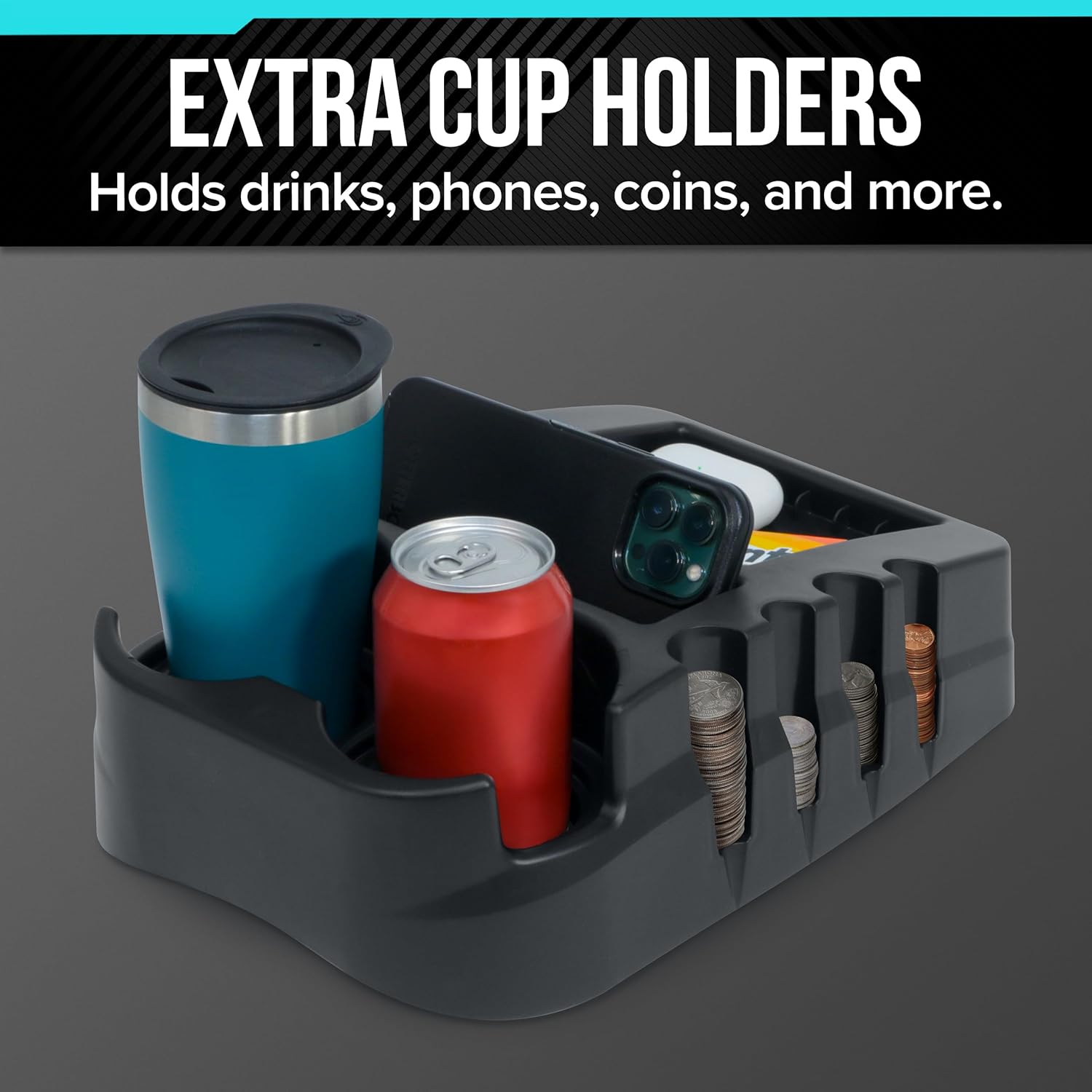 Universal Car Floor Center Console with Dual Cup Holders, Portable Center Console Storage Organizer, Vehicle Organizer for SUV, Truck, Van, Car, Recycled Plastic, Made in USA (Black) - Image 3