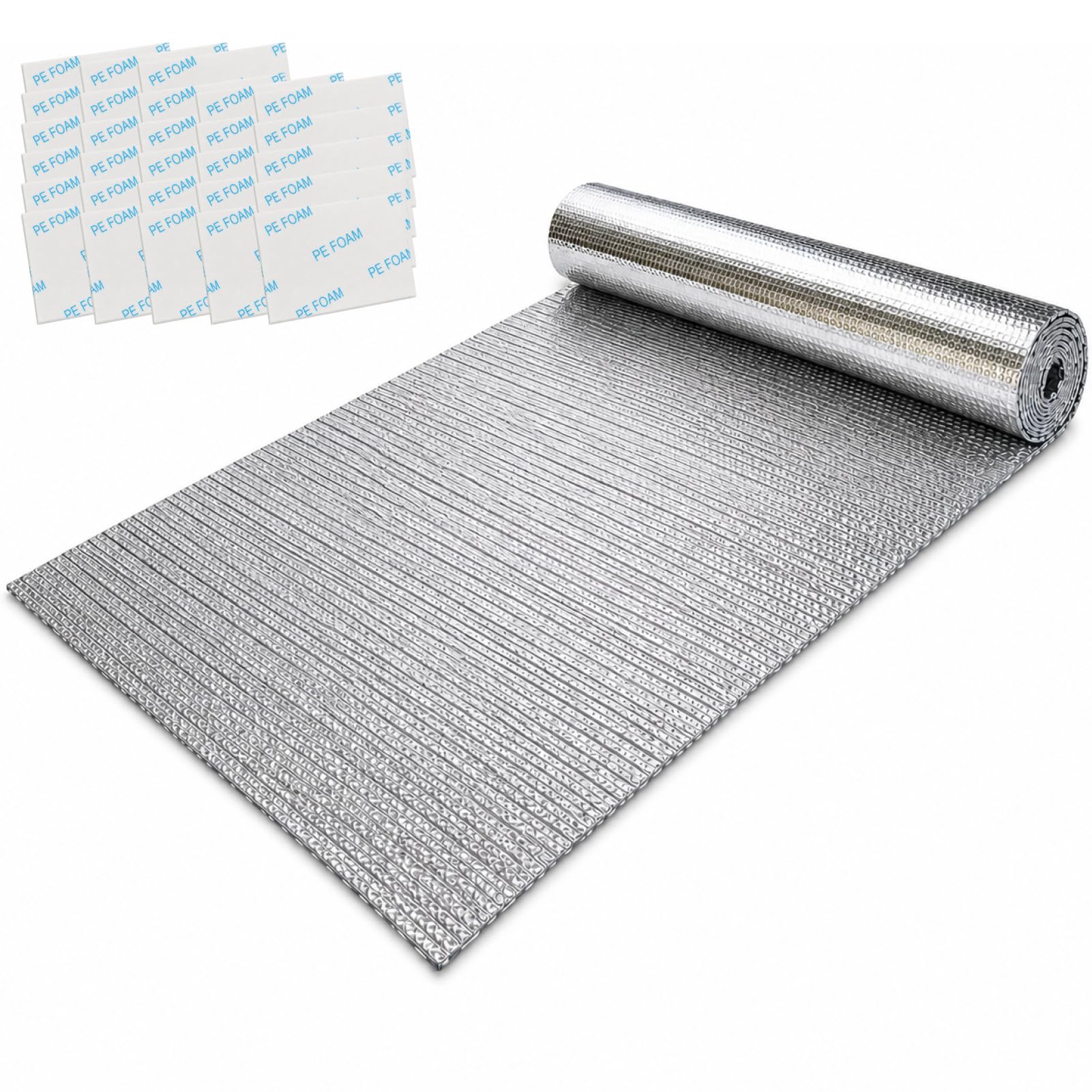 PortuneGlog - Pellicola isolante in alluminio, riflettente, 4.5 m x 120 cm, con 28 cuscinetti biadesivi 3 x 5 cm