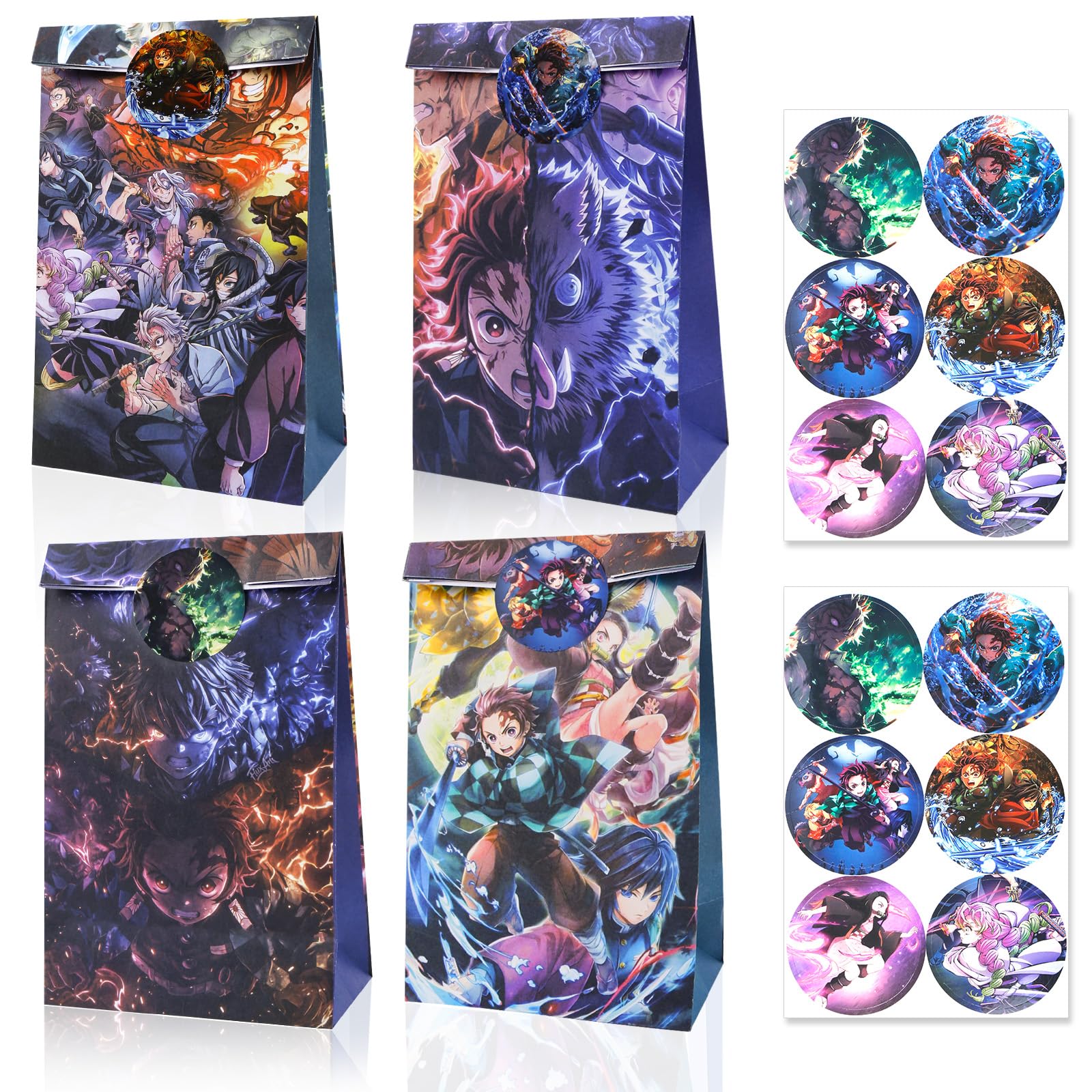 12 Pcs Demon Slayer Party Bags for Kids, Paper Gift Bags with 12 Stickers, Candy Goodie Treat Bags for Birthday