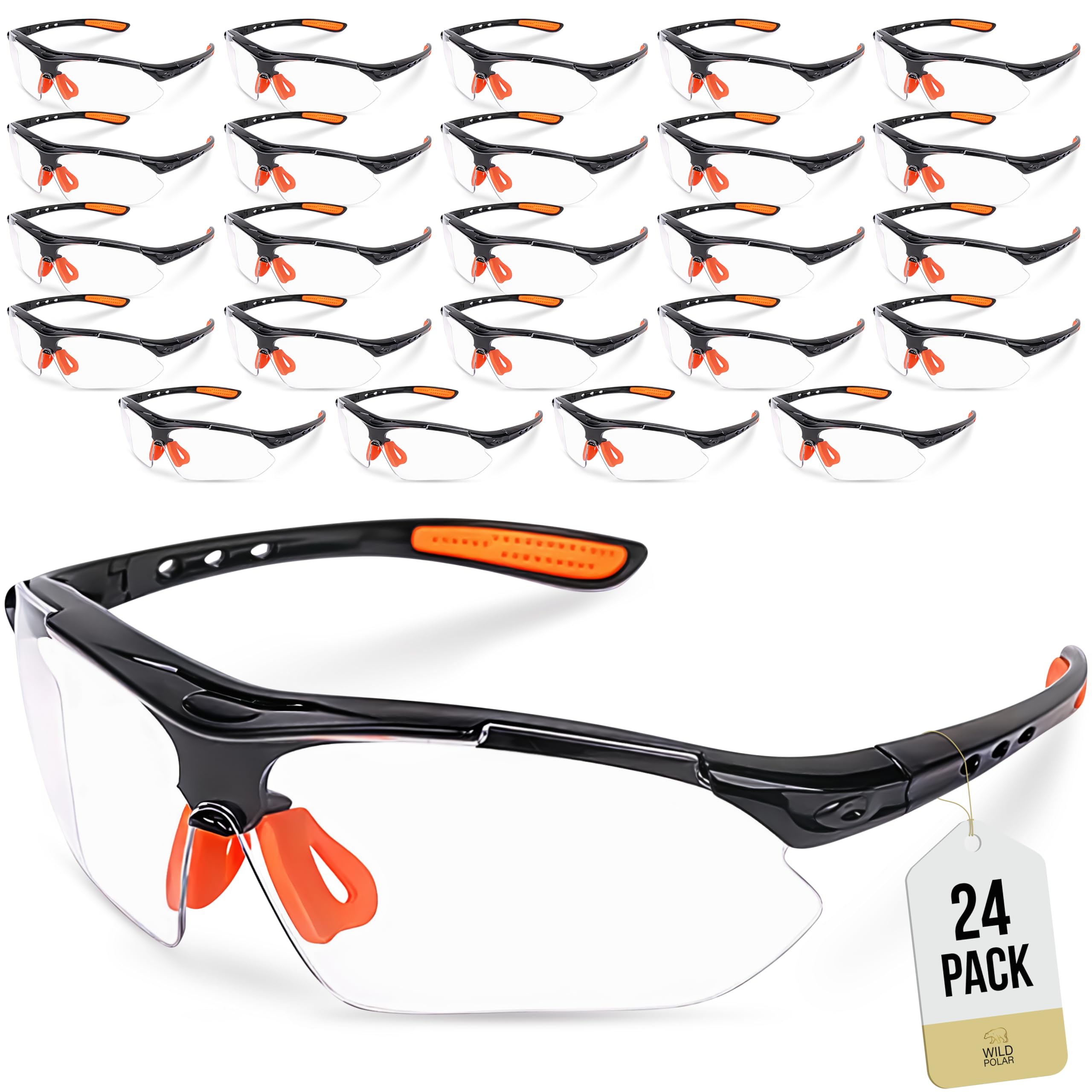 Wild Polar Safety Glasses - 24 Pack Black & Orange - Clear Lenses, Anti-Fog Eye Protection Goggles, with Orange Nose and Ear Grips - Lightweight & Durable, Comfortable Fit for Work, Lab & DIY (24)