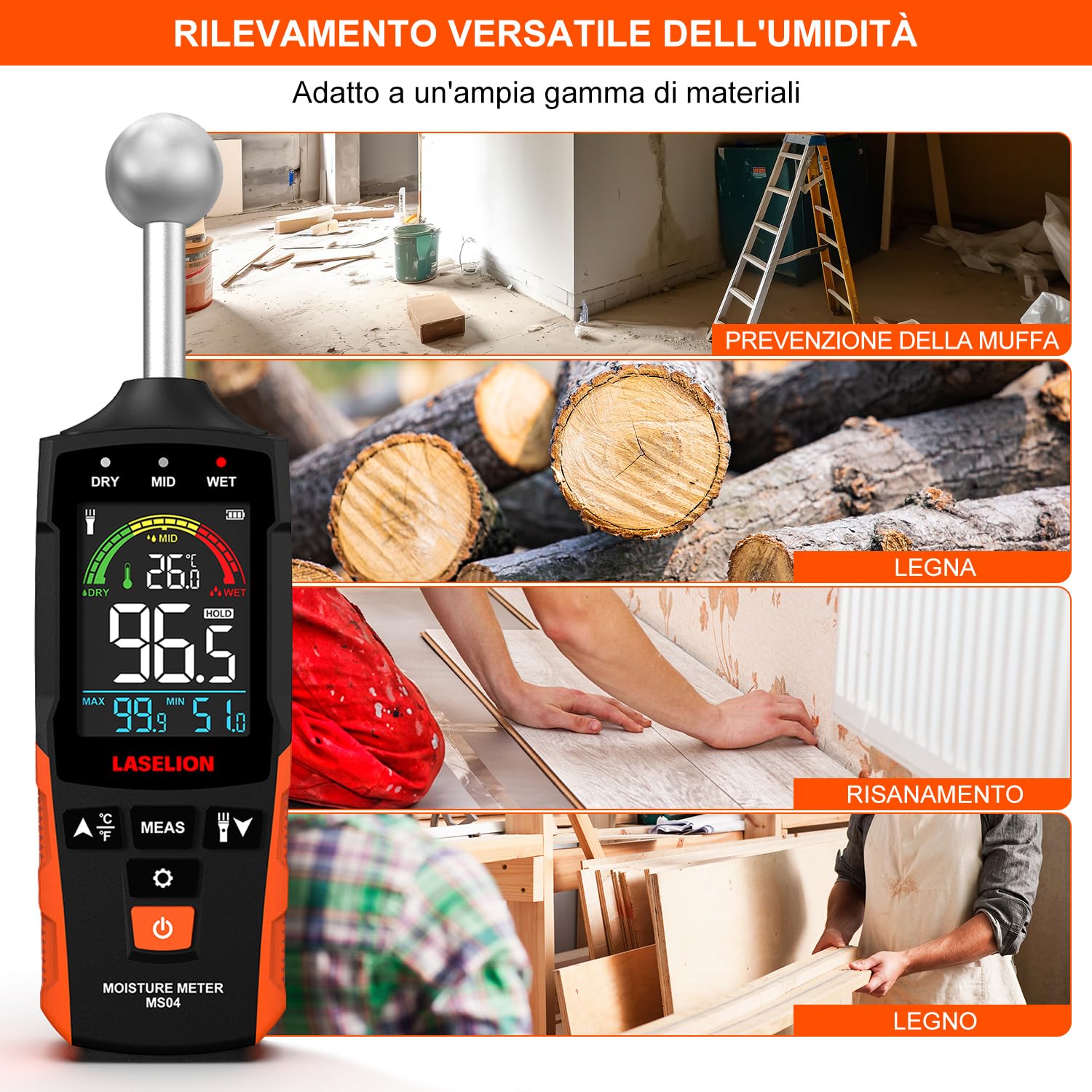 LASELION Misuratore di Umidità Non Distruttivo - Sensore Sfera 5-40mm, Temperatura in Tempo Reale (°C/°F)，Rileva Umidità Nascosta su Legno/Pareti/Cantiere, Allarmi Personalizzabili - MS04