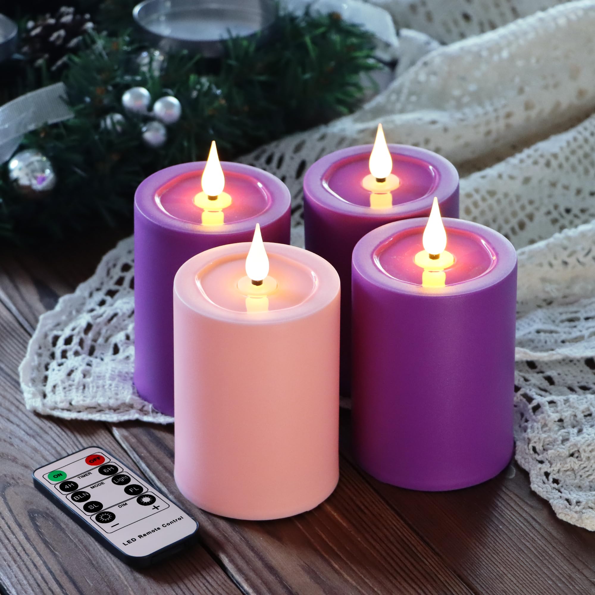 Yunsheng Flameless Advent Candles - 4 Pack Purple & Pink LED Pillar Candles With Remote Timer