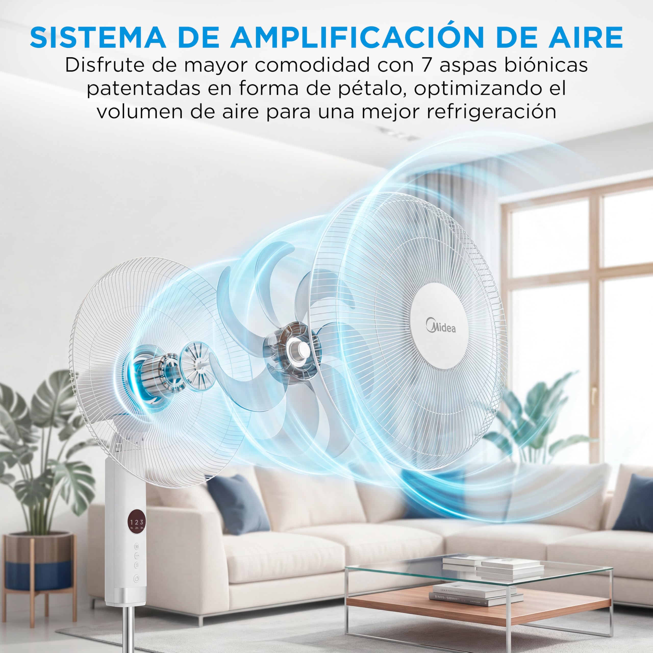 Midea Ventilador de Pie silencioso con Mando a Distancia y 3 velocidades - Ventilador Silencioso Oscilación 90º- Ventilador de Pie con Mando Temporizador 7h, Panel LED, Potente Motor, Altura Ajustable