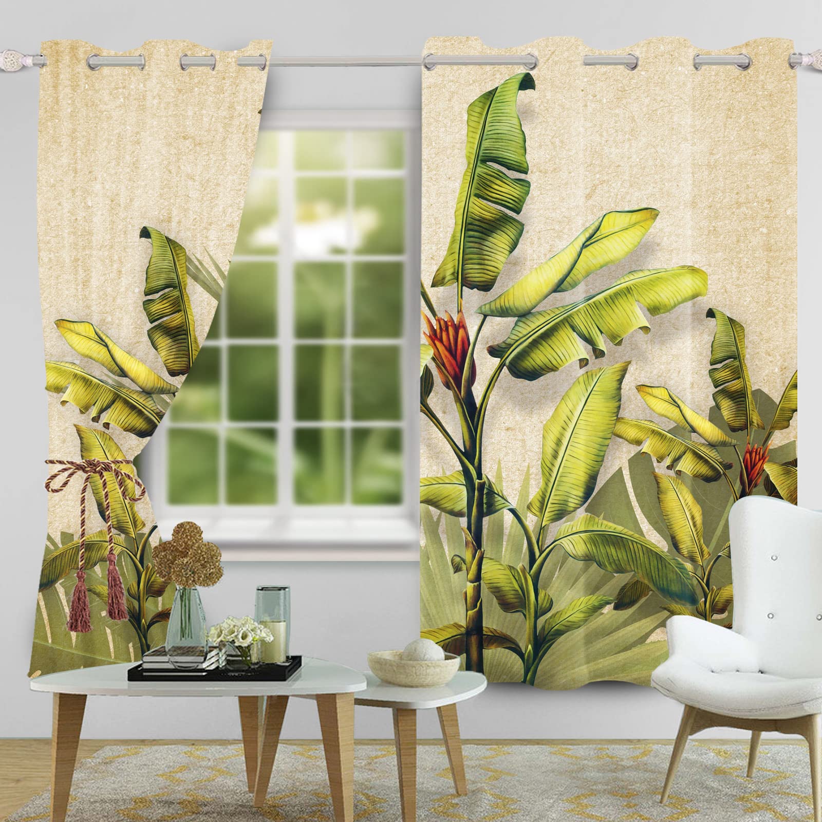 107x160cm Exótico Banana Árbol Cortina de Ventana Tropical Verde Palmera Árbol Sale de Verano Lámina Cortina Opaca Antiguo Cortinas Opacas para Dormitorio Aislamiento Térmico, 2 Paneles
