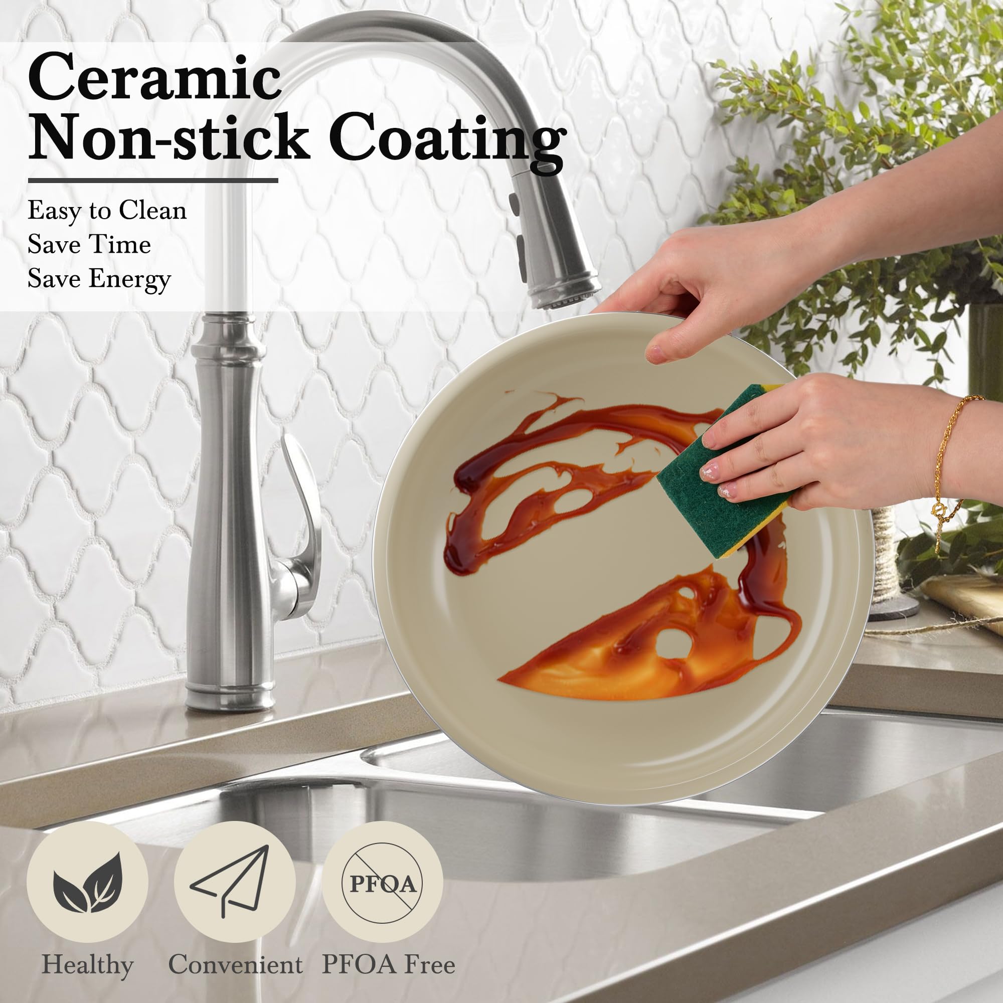 RIOVARM Induzione Set di pentole e padelle con manici staccabili, Impilabile Antiaderente Ceramica Set di pentole con coperchi, Salvaspazio Set di utensili da cucina Senza PFOA, Padella, Casseruole