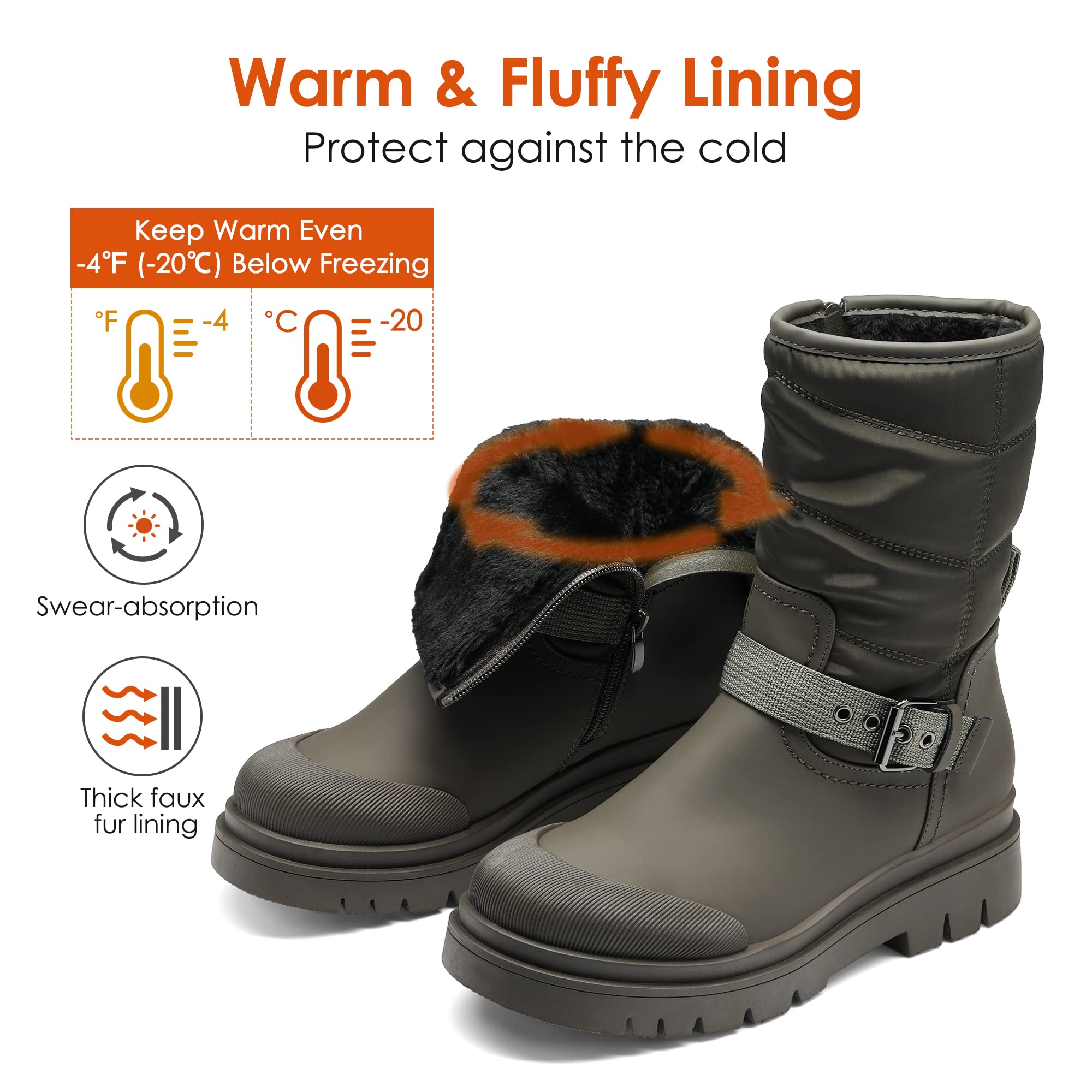 DREAM PAIRS Damen Schneestiefel | Glattes PU Dicke Sohle mit Riemchenbesatz am RistOlivgrün