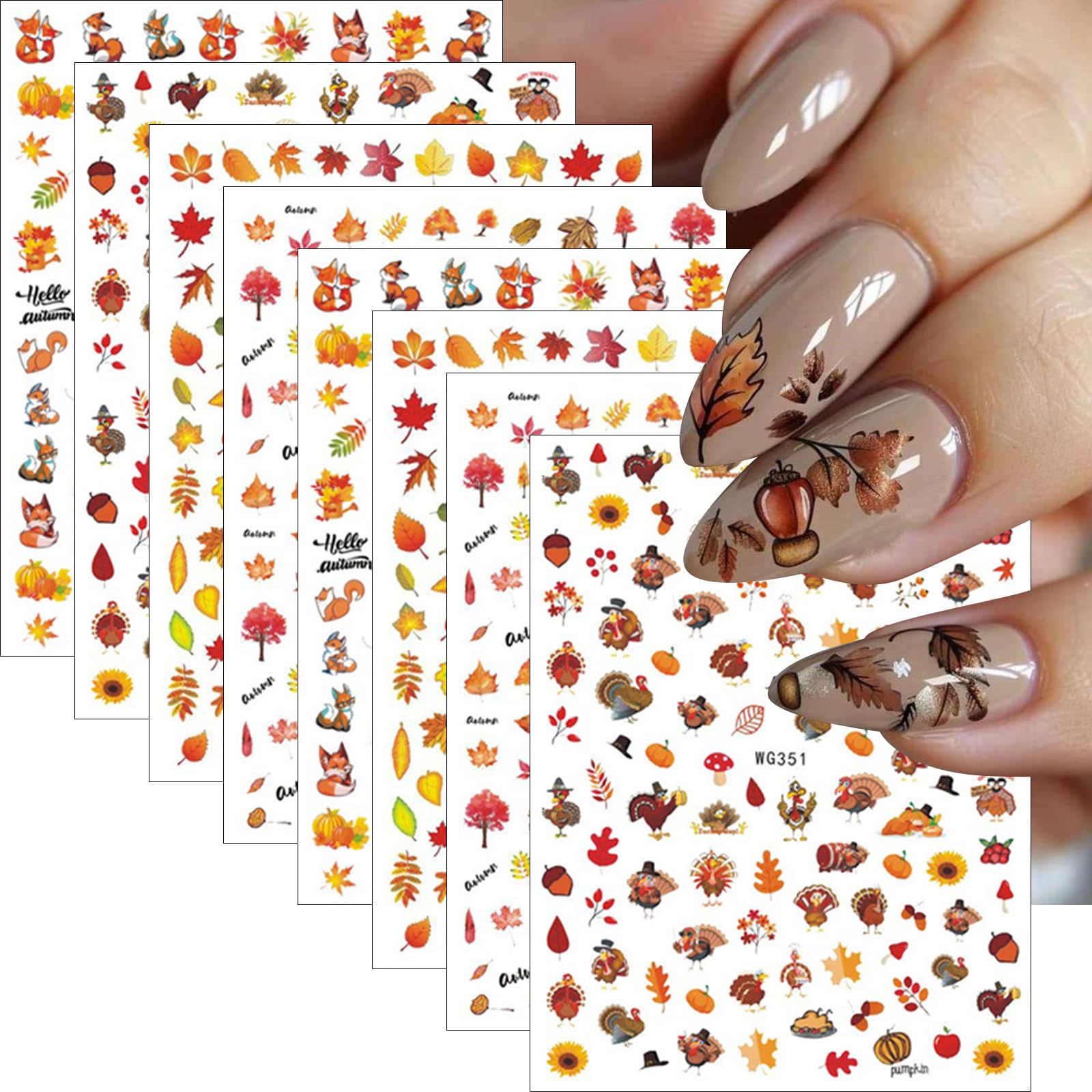 8sheets fall maple leaf art stickers for thanksgiving - cute fox, pine cone, mushroom, leaves, pumpkin, turkey, nut decals - nail design supplies for women girls
