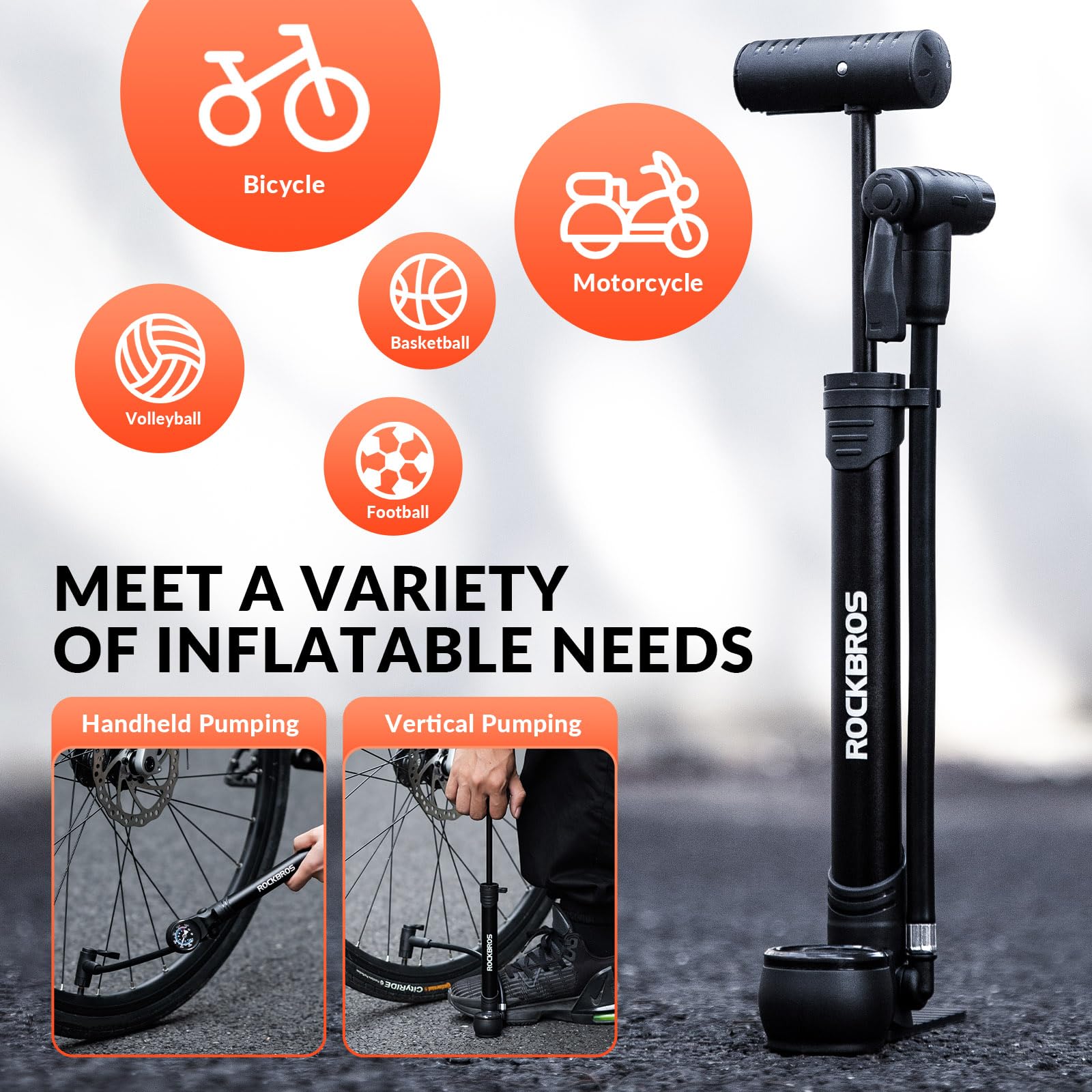 ROCKBROS Pompa Bicicletta, Pompa Bici Portatile, Pompa da Pavimento, Pompa ad Alta Pressione 120 PSI, Pompa con Manometro, Pompetta Presta Schrader, Adatto per Bici MTB, Bici Corsa, Accessori Bici