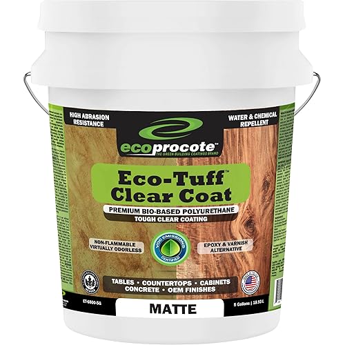 Eco-Tuff Finish Polyurethane Clear Coat — UV Resistant & Non-Toxic Wood Sealer — Clear Protective Water Based Sealant for Concrete Surface, Wood Floor, Cabinet, Countertop,Furniture — 5 Gallon — Matte