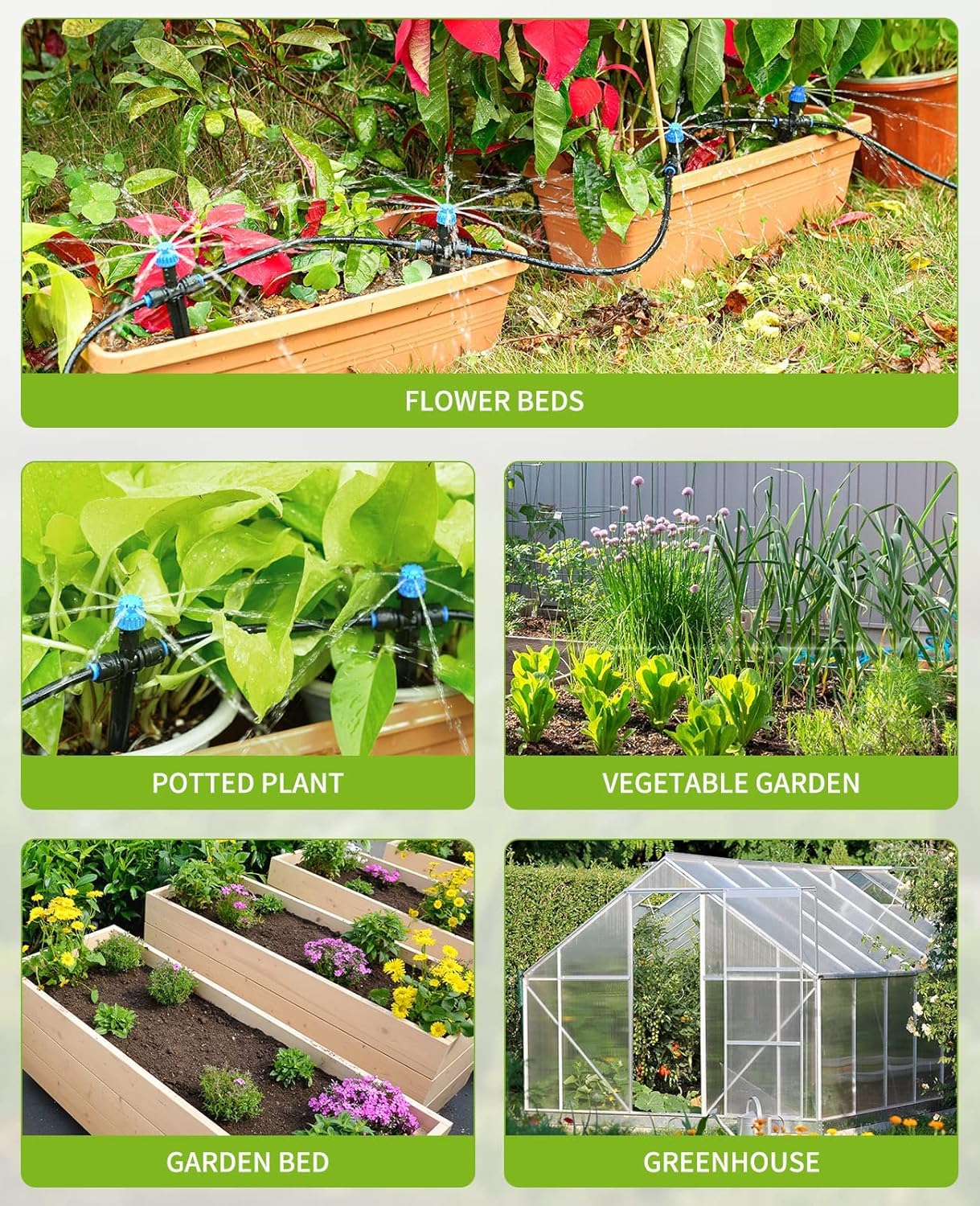 Sistema de riego de jardín, kits de riego por goteo de 59 pies para plantas, nuevo conector rápido, tubo de distribución en blanco, equipo de riego automático de ahorro de agua para patio, césped