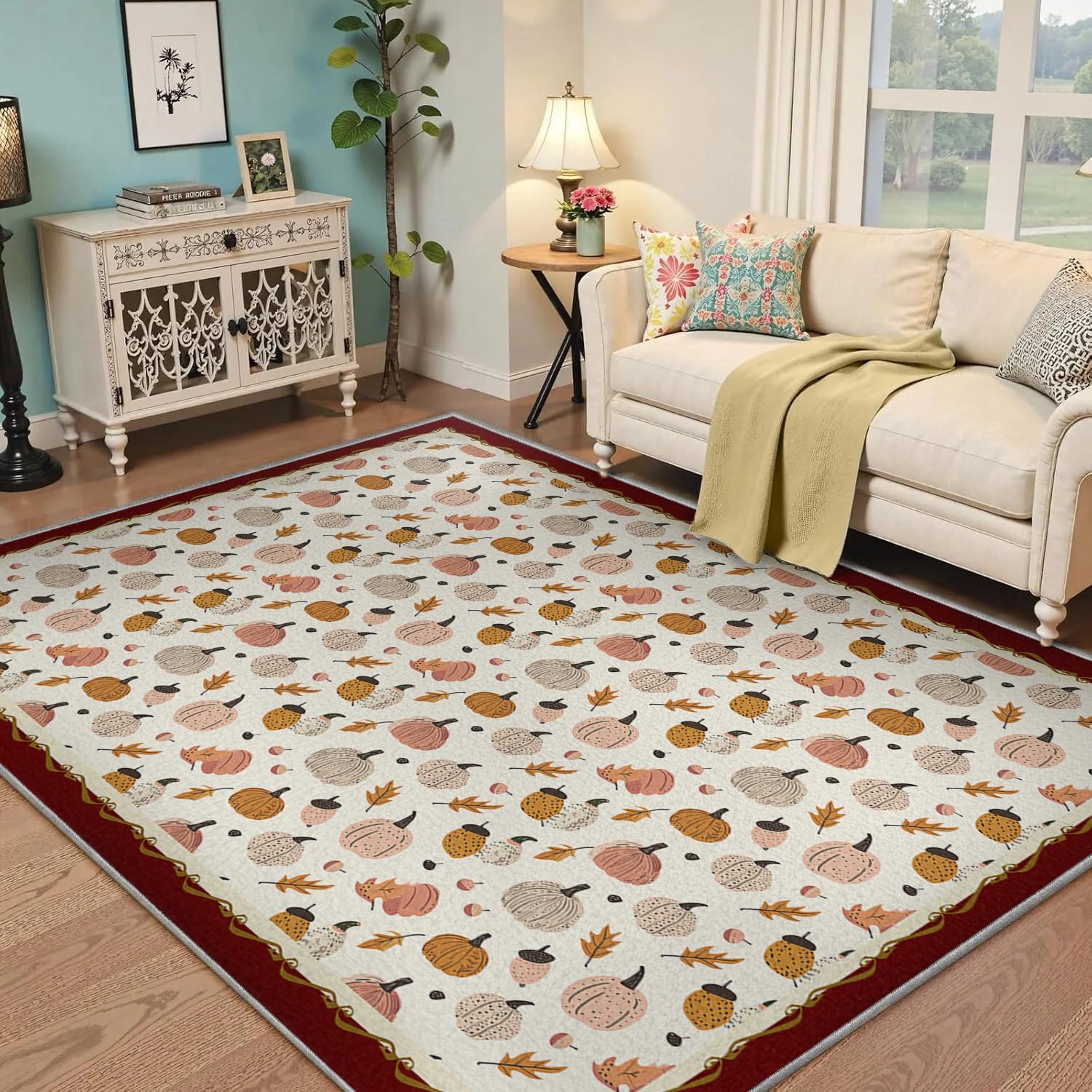 Cartone animato Autumn Pumpkin Area Carpet 140x180cm Foglie arancioni rosa su bordo color crema rosso Tappeto a pelo basso lavabile per l'arredamento autunnale del soggiorno cucina e della nursery