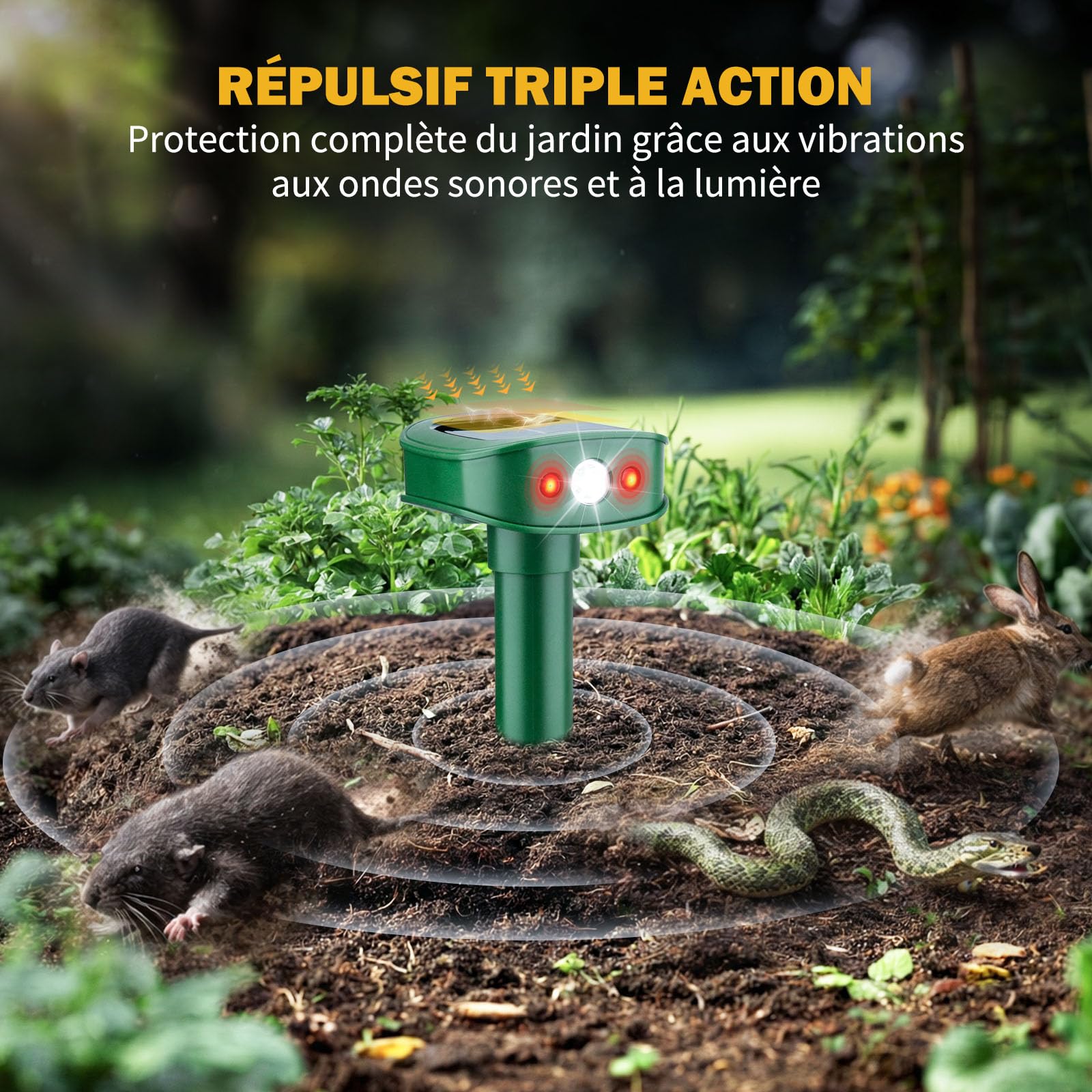 4 Pièces Répulsif Taupes, 20㎡ Nouveau Vibrations Répulsif Solaire pour Martres avec Lumière LED, Imperméable IP45 Effaroucheur Animaux Jardin pour Souris Taupes Lapins Serpents