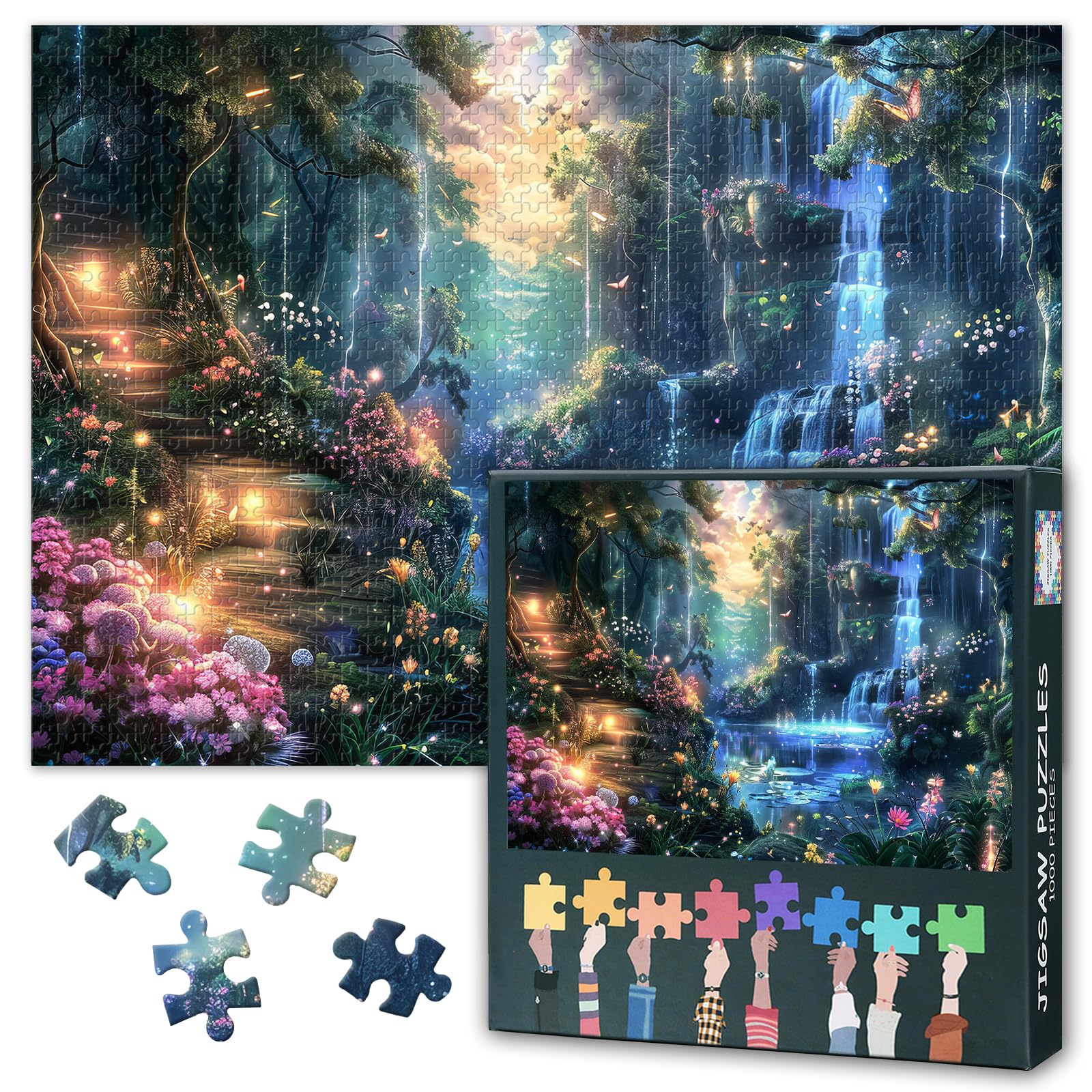 1000 Pieces Colorful Magical Fairyland Enchanted Forest Puzzles for Adults Challenging Forest Woodland with Waterfall Jigsaw Puzzles as Gifts Intelligence Jigsaw Puzzle Home Decor 27.5"X19.7"