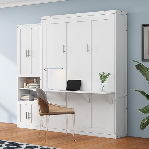 Merax Queen Size Murphy Bed with 1 Side Cabinet Storage Shelf, 68" Cabinet Bed Folding Wall Bed with Desk Combo Perfect for Guest Room/Study/Office, White