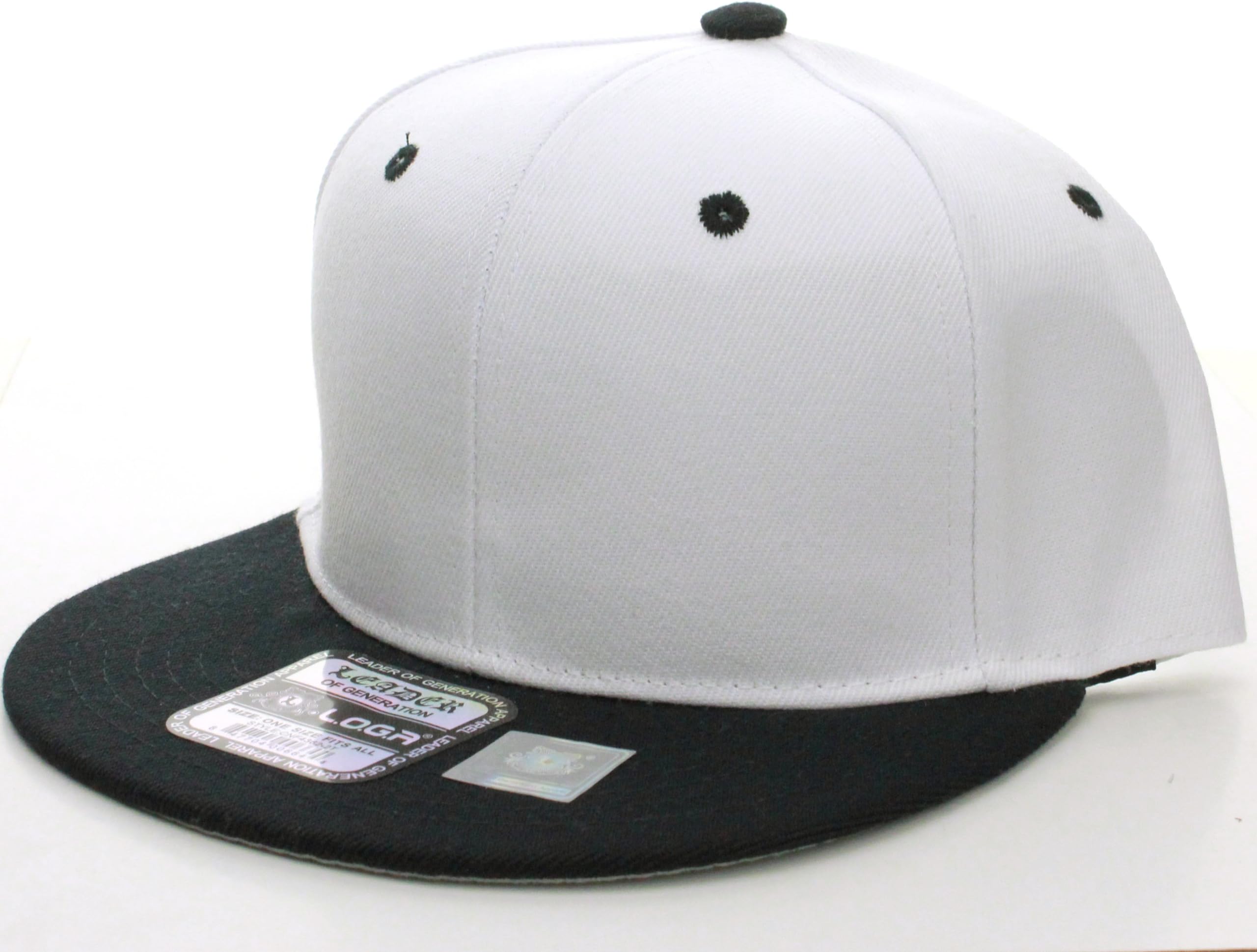 L.O.G.A Plain Flat Bill Visor Blank Snapback Hat Cap with Adjustable Snaps - White-Black