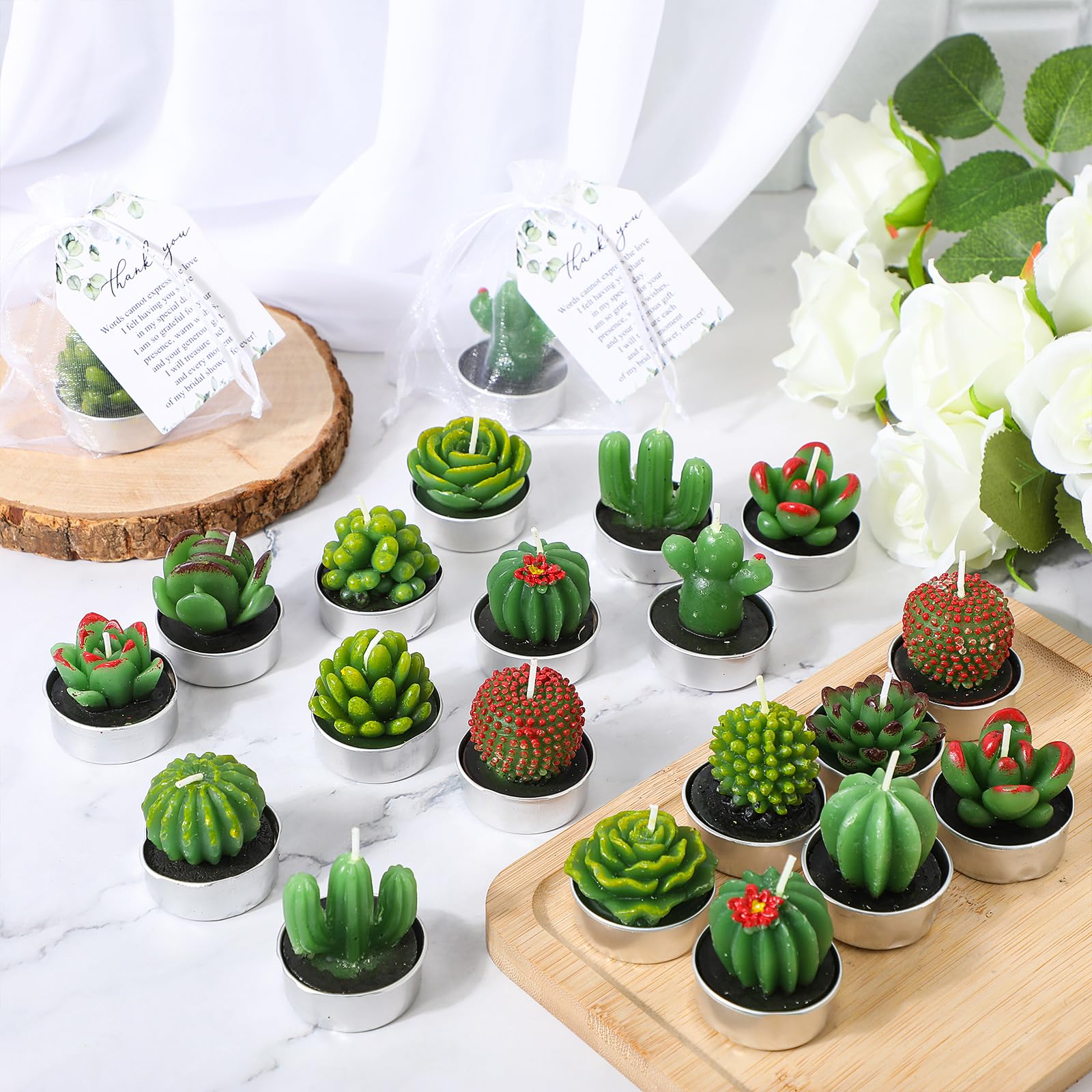 MTLEE 30 Sets Brautparty-Geschenke für Gäste, inklusive 30 Kaktus-Kerzen, Sukkulentenkerzen, Pflanzen-Teelichter, 30 grüne Dankesanhänger, 30 Organza-Beutel, Brautparty-Geschenke, Hochzeitsgeschenke