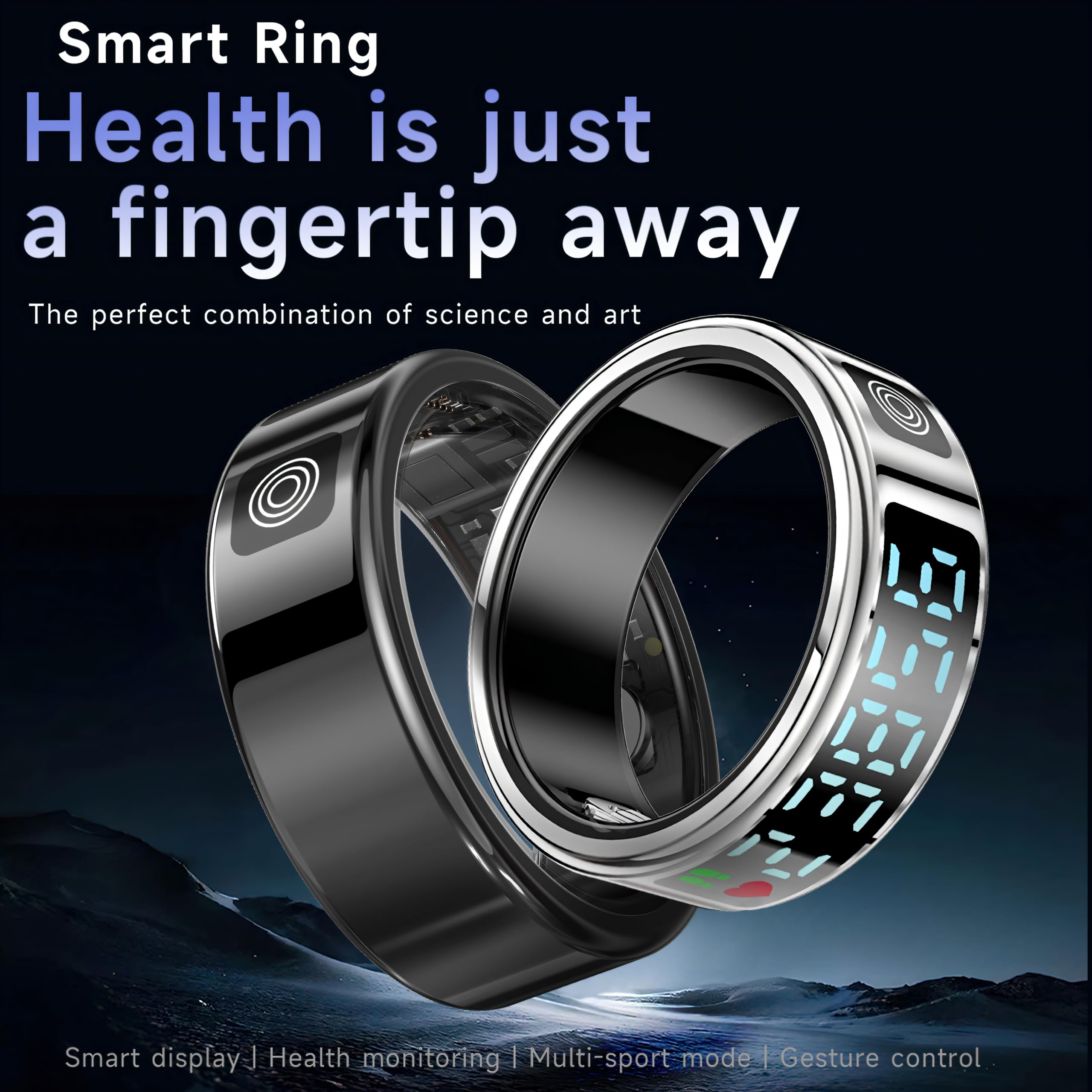 smart ring with led display – activity & fitness tracker, monitors heart rate, Blood oxygen, step count, sleep, ip68 waterproof, includes charging case, app for ios & android (Silver, #9(19mm))