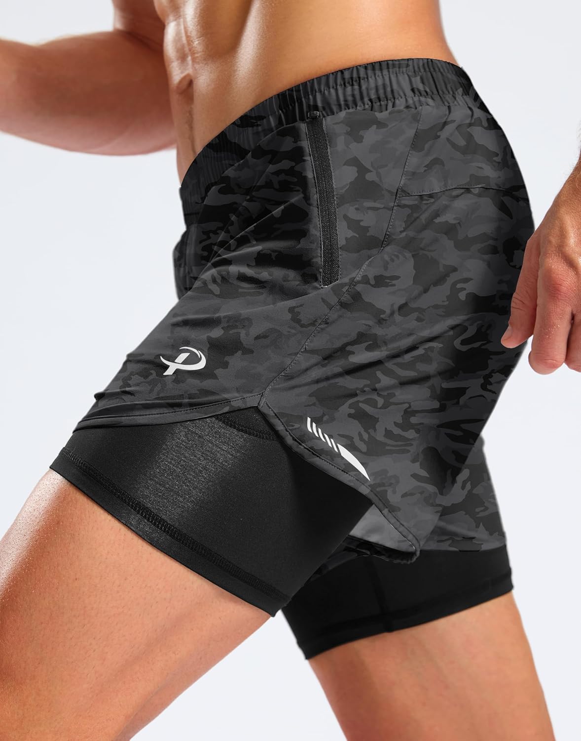 Pudolla Men's 2 in 1 Workout Running Shorts 5" with Zipper Phone Pockets Quick Dry Gym Athletic Shorts with Compression Liner - Image 4