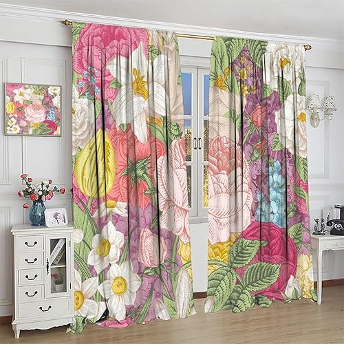 Miniatura 194 de Retro 70s Floral Blackout Window Curtains, Watercolor Flower Plant Rustic Modern Style Pattern Window Drapes, for Bedroom Living Room 42x45in 2