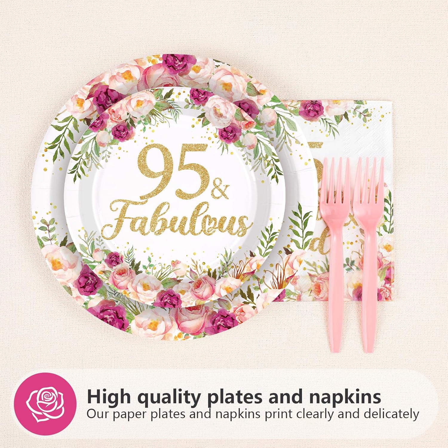 96Pcs 95th Birthday Decorations for Women Rose Gold Floral Party Plates and Napkins Disposable 95th Birthday Gifts Tableware Set for Women Fabulous Party Decorations Serves 24 - Image 4