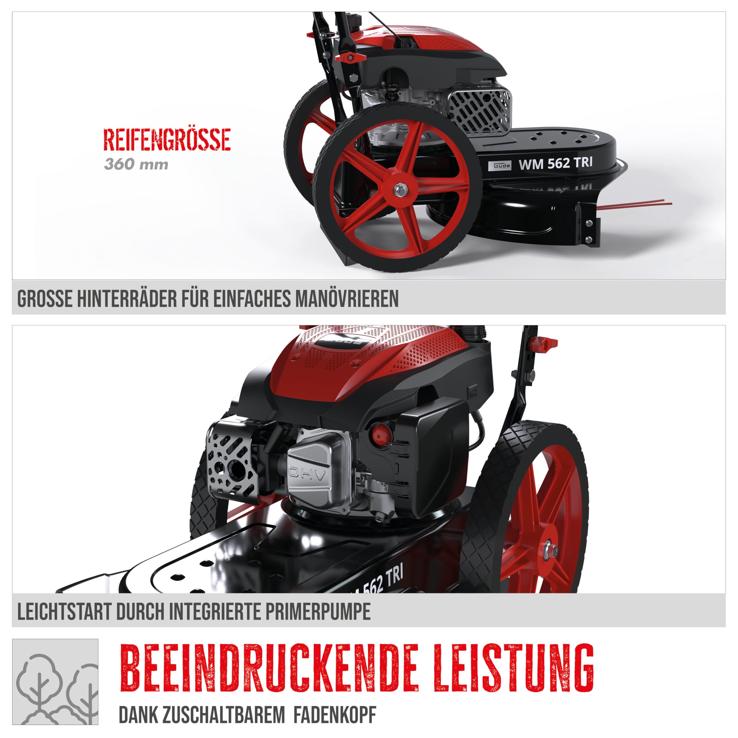 Güde Wiesenmäher WM 562 TRI (4-Takt Power-Engine Motor 3,0/4,0 (kW/PS), 170 cm³ Hubraum, Schnittbreite 56 cm, Schnitthöhe 35-95 mm, 4 mm Doppelfaden, höhenverstb. Fahrbügel, inkl. 4 Ersatzfäden)