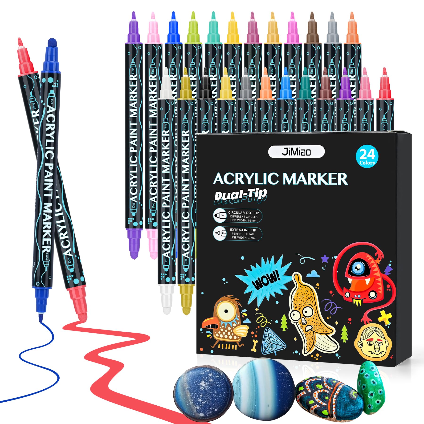 Cugybue Rotuladores Acrilicos Permanentes,24 Colores 1-5MM Rotuladores Pintura Acrilica Doble Punta,Acrilicos Rotuladores para Pintar Piedras,Tela,Vidrio,Madera,Lienzo,Metal,Cerámica,Guijarros