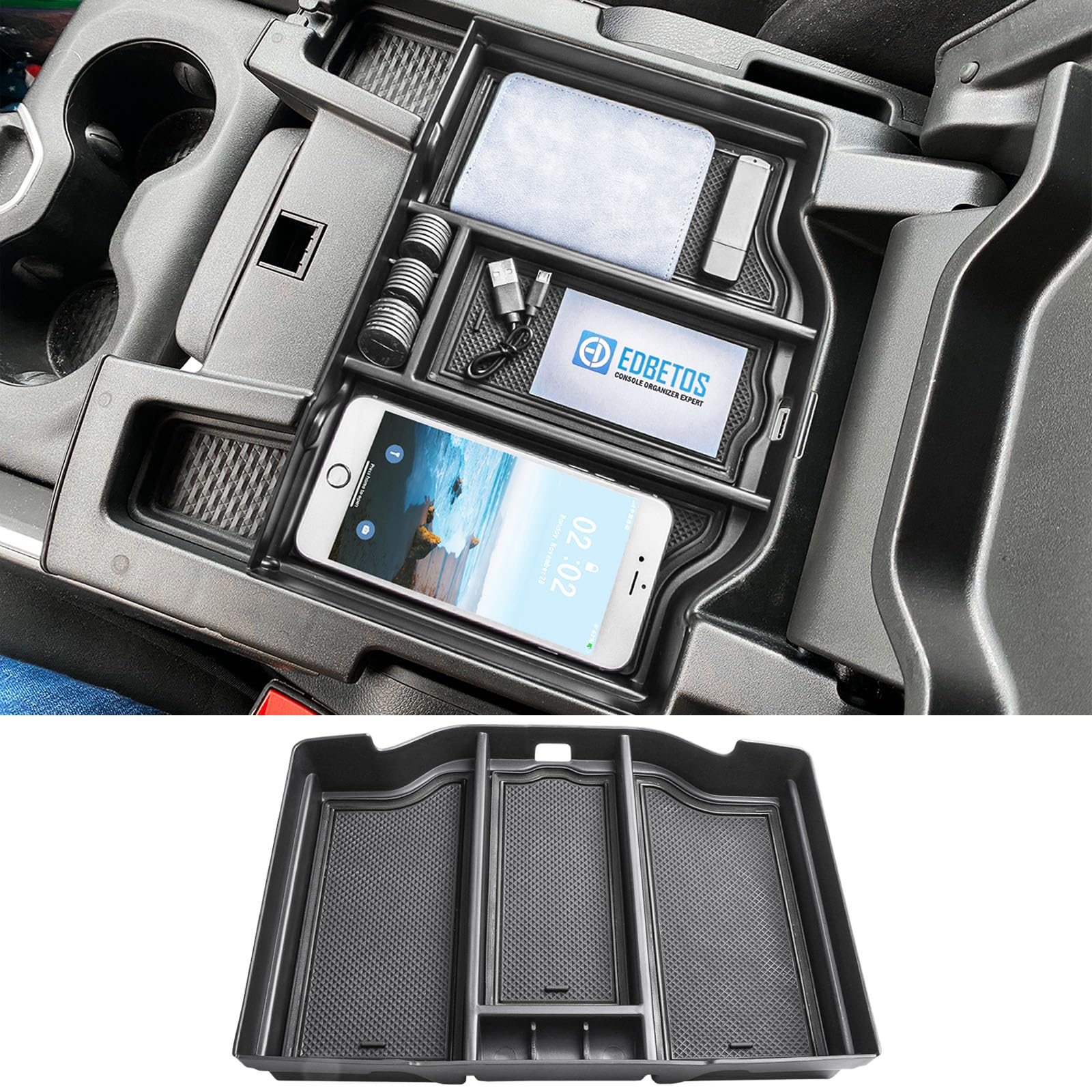 EDBETOS Full Center Console Organizer Compatible with 2019-2023 2024 2025 Dodge RAM 1500 2500 3500 Accessories ABS Plastic Material Insert Tray Secondary Storage Armrest Box, Black
