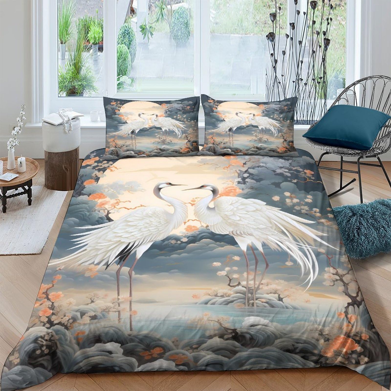 Ctjqhvkz Style-5 3D Printed Crane Moon Fitted Sheet Microfiber Soft Breathable Sakura Landscape Mattress Cover Bedroom Decor Single（135X200cm）