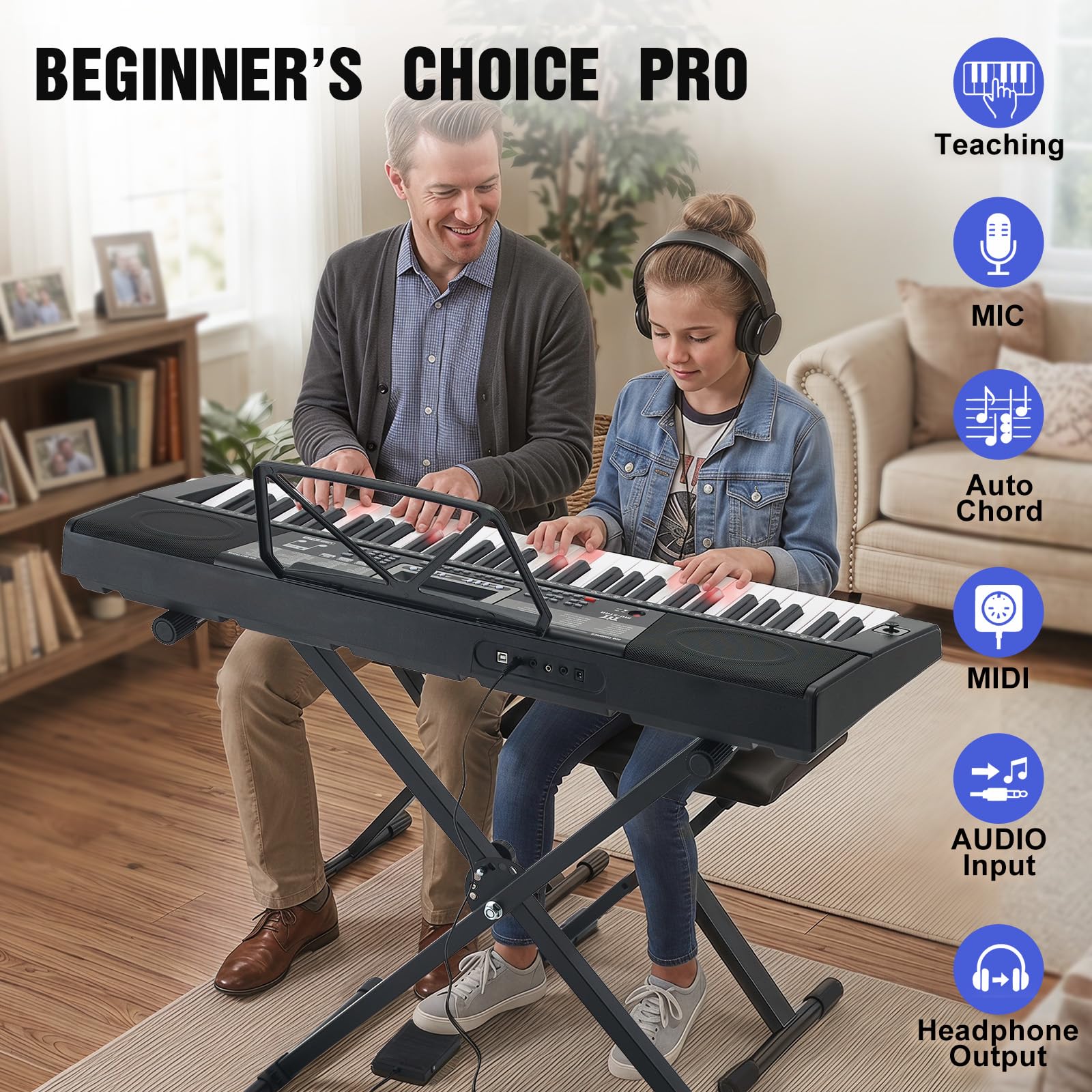 Mustar 61-Tasten-Keyboard-Klavier, elektronische berührungsempfindliche Tasten, tragbar, Kopfhörer, Mikrofon, Klavierständer und Hocker, Tasten in voller Größe, LCD-Bildschirm