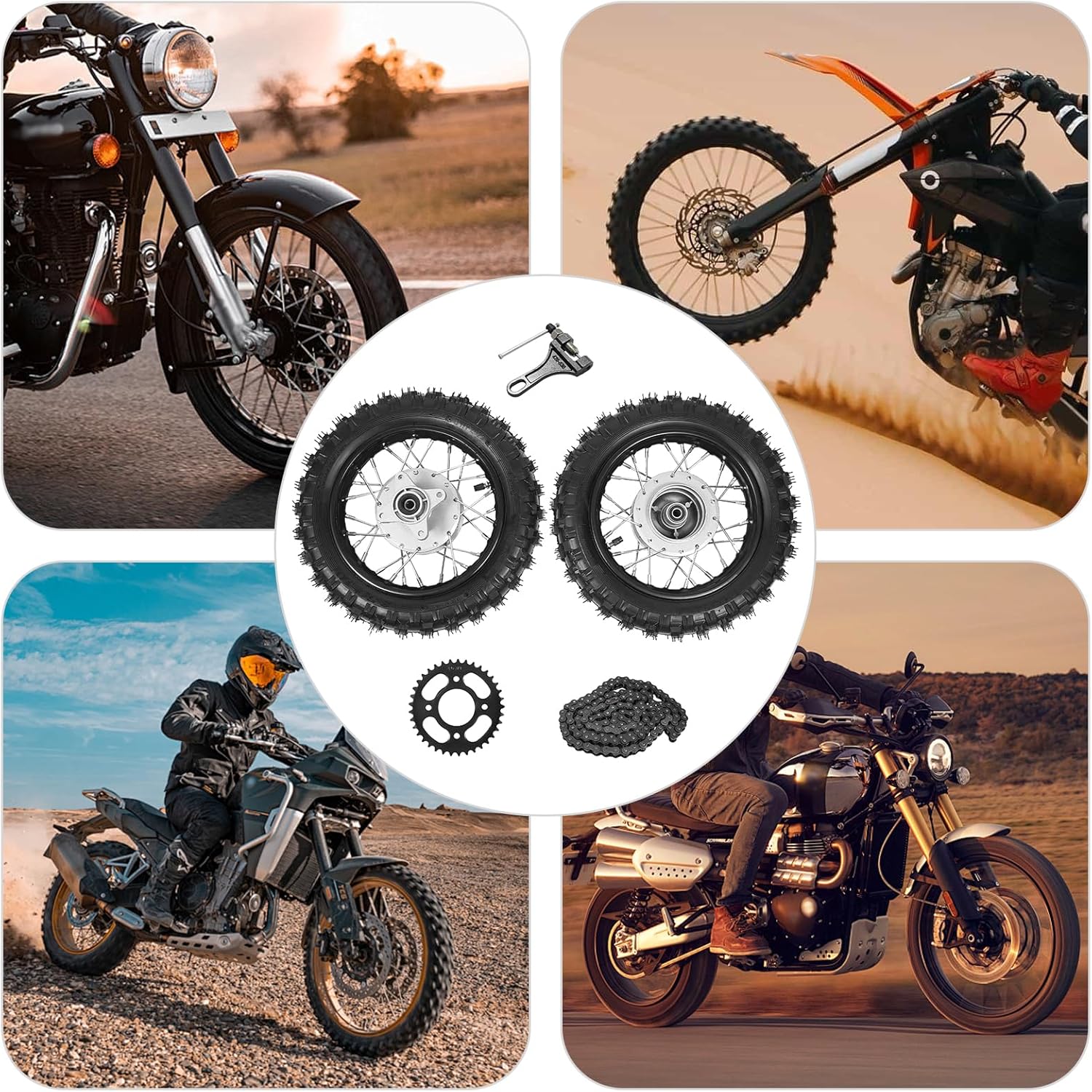 2pack Front Rear 2.5-10 Wheel Tire Rim Assembly Kit with Chain & Sprocket 2.5-10 Drum Brake Pit Bike forHonda CRF50 XR XR50 BBR KLX 50cc Dirt Pit Bike, ATVs, Black