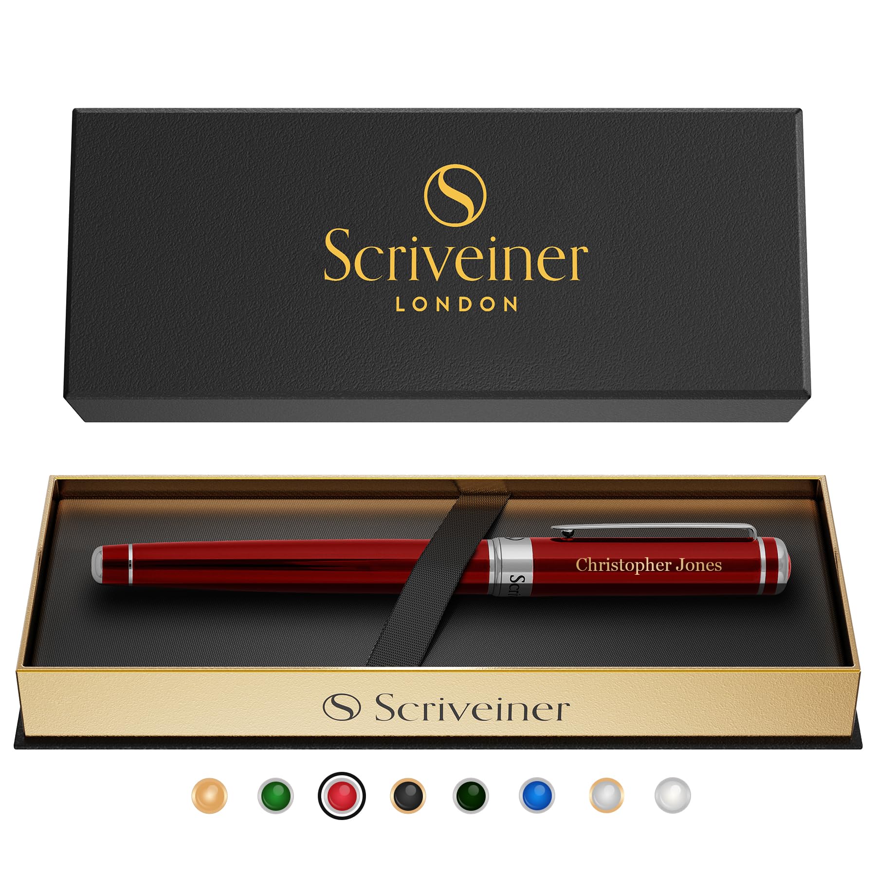 Scriveiner Personalised Deep Crimson Red Pen - Stunning Red Lacquer Luxury Pen with Chrome Finish, Schmidt Ink Refill, Best Engraved Roller Ball Gift Set for Men & Women, Custom Name Engraving