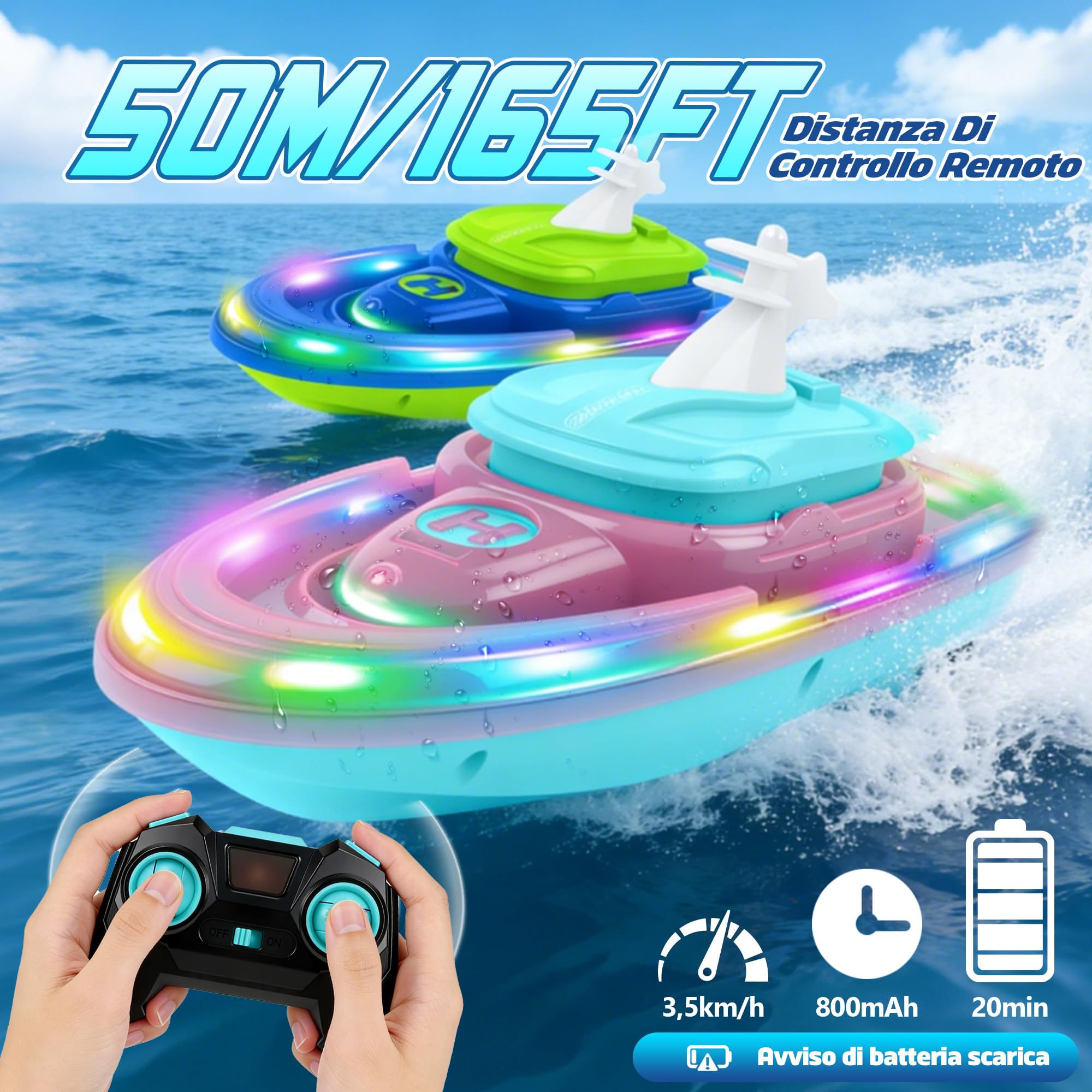 FORMIZON Barca Telecomandata, Motoscafo Telecomandato con Spruzzi d'Acqua, Barca Radiocomandata con Luce e Funzione Rotante a 360 Gradi per Piscine e Laghi (Blu)