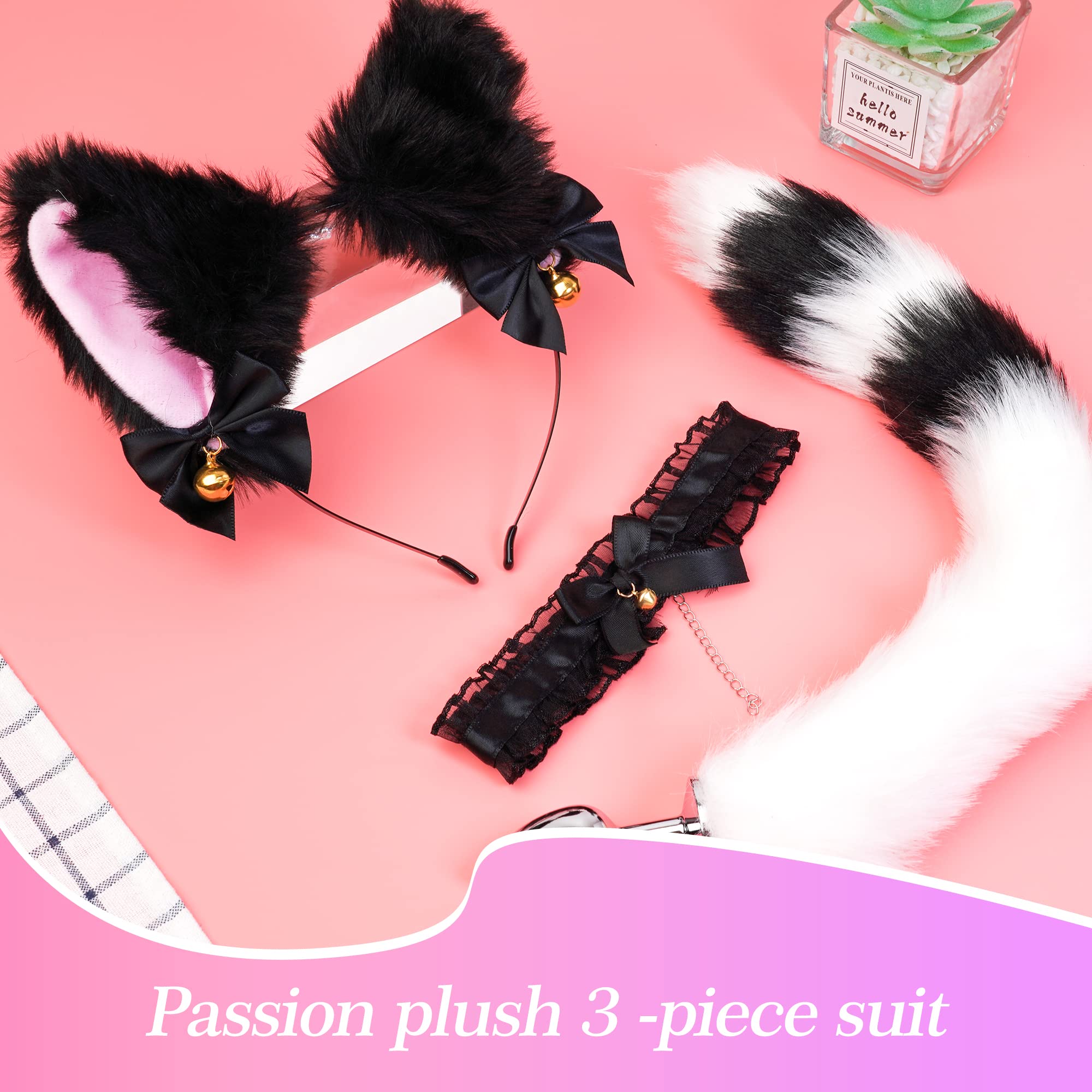 JIKUEA Costume Accessory Set for Women, Anime Cosplay Party Costume, Handmade Furry Cat Ears Tail Set (Black and White)