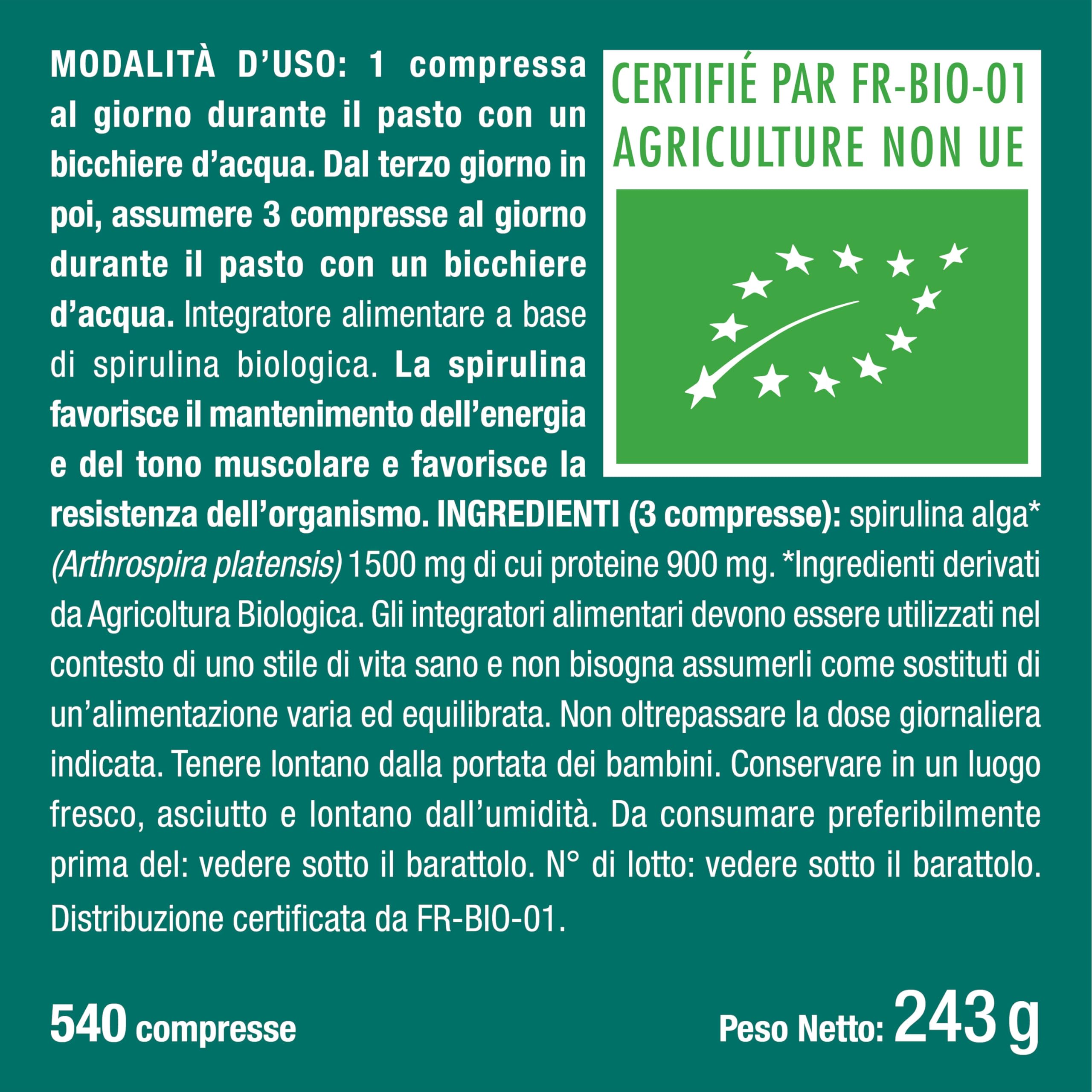 SPIRULINA BIOLOGICA PURA | 540 Compresse | 1500 mg | Ricca di Proteine, Ficocianina, Vitamine e Minerali | Energia e Difese Immunitarie | 100% Naturale | Nutrimea