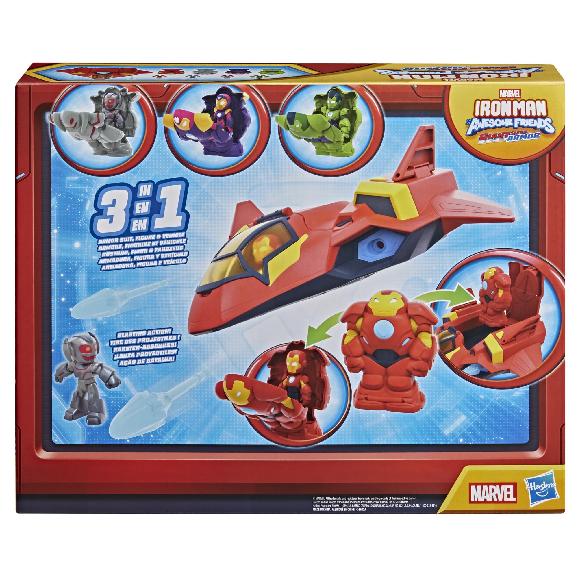 Zestaw z olbrzymimi zbrojami i odrzutowcem Iron Mana z serialu Marvela "Iron Man i super ekipa" telewizji Disney Jr., figurki o wysokości 7,6 cm, zbroje i model pojazdu