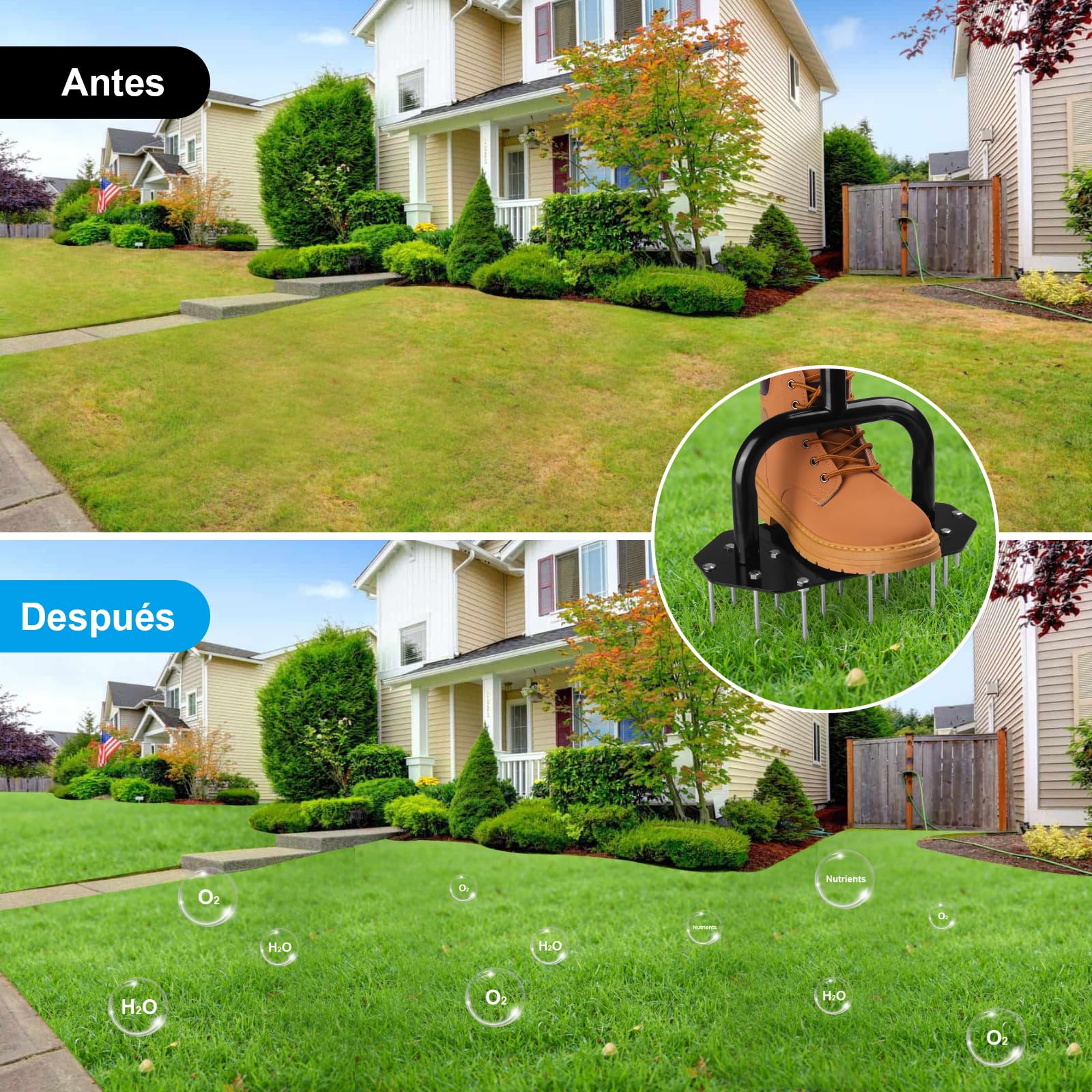 Aireador de Césped Manual - Aireador de Césped Resistente con 18 Picos Duraderas, Herramienta de Aireación de Césped Desmontable con Empuñadura en T y Placa de pie Ancha, Ideal para Patio, Jardín