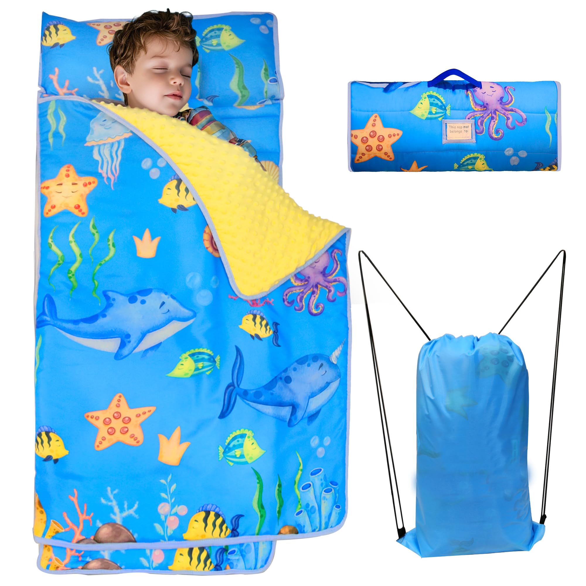 Lydaz Toddler Nap Mat with Pillow & Blanket, 53''x31'' Sleeping Bag for Kids, Large Nap Mat for Preschool Daycare, Rollup Sleeping Mat Slumber Bag for Kindergarten, Travel, Camping, Boy Girl Age 3-7