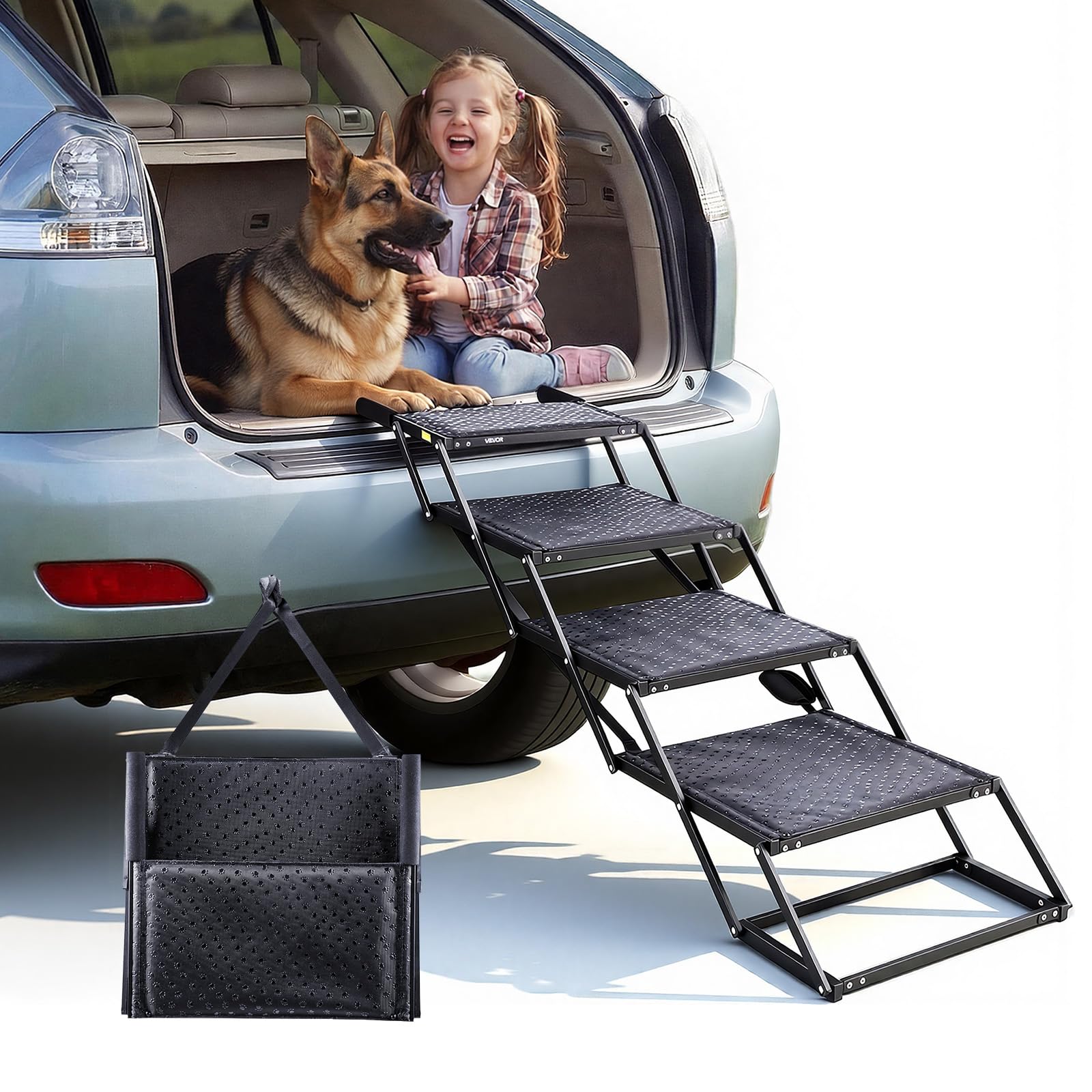 VEVOR Scaletta Pieghevole per Auto per Cani Animali Domestici, Scala Pieghevole a 4 Gradini per SUV Camion Letti Divani per Animali Domestici Carico max 113,4 kg Superficie Antiscivolo Extra Large