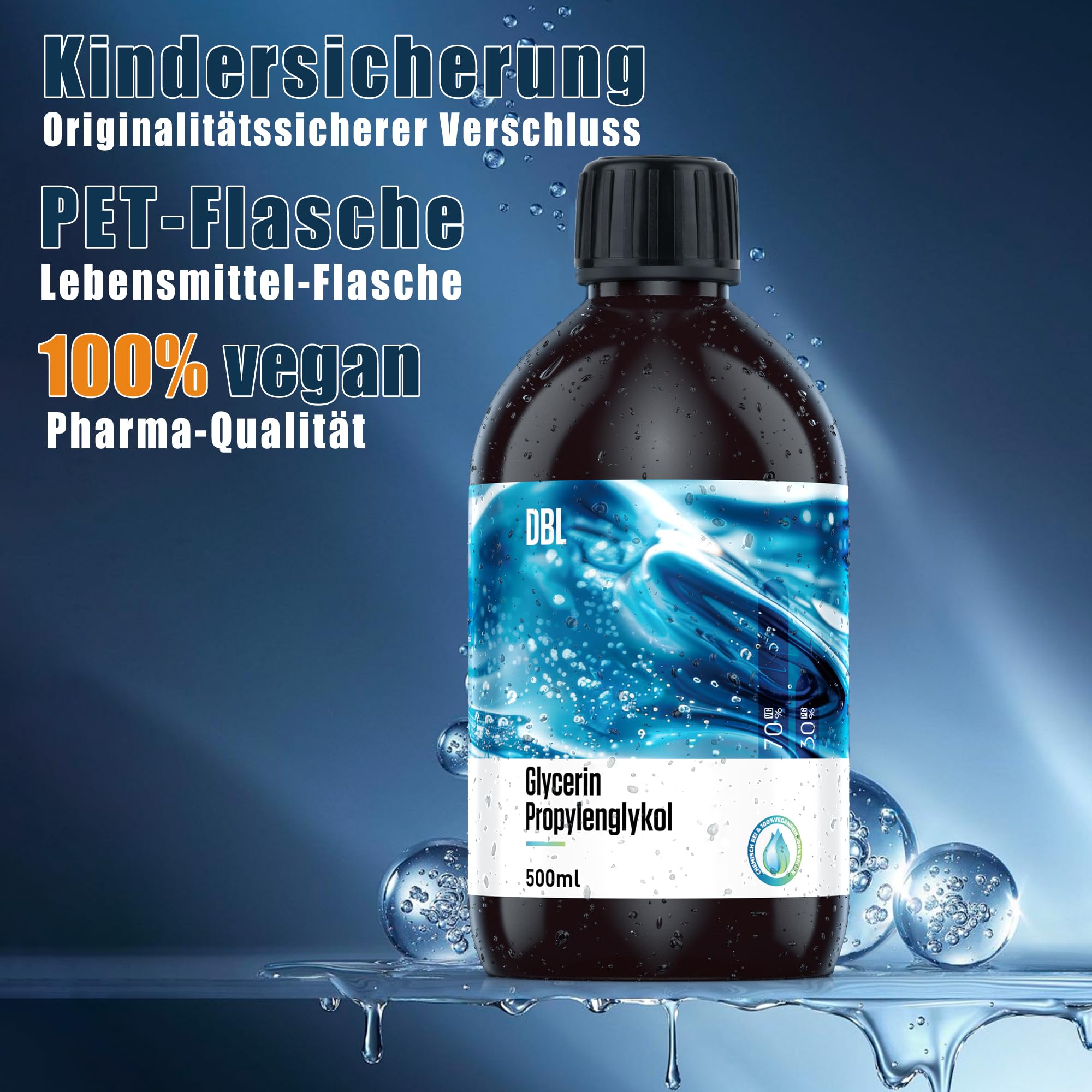 DBL 2x500ml 70% Glycerin E422, 30% Propylenglykol E1520, 70/30 VG/PG, 99,9% | Pharma- & Lebensmittelqualität, Vegan, Farblos, Ideal als Liquid Base für DIY, Seifen, Cremes, Kindersicherer Verschluss