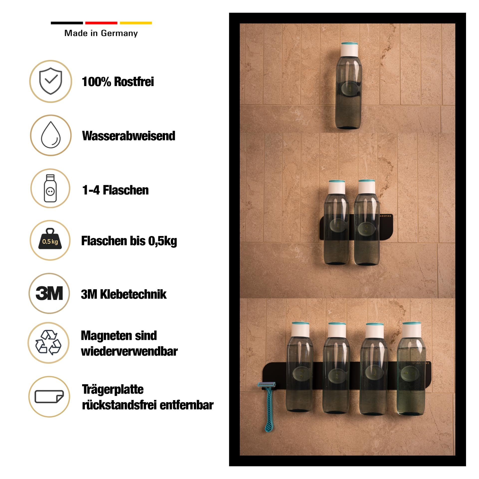 Duschablage ohne Bohren - Set L Mit integrierten Haken - Silber, wiederverwendbar, hygienisch, platzsparend und pflegeleicht mit Lotuseffekt