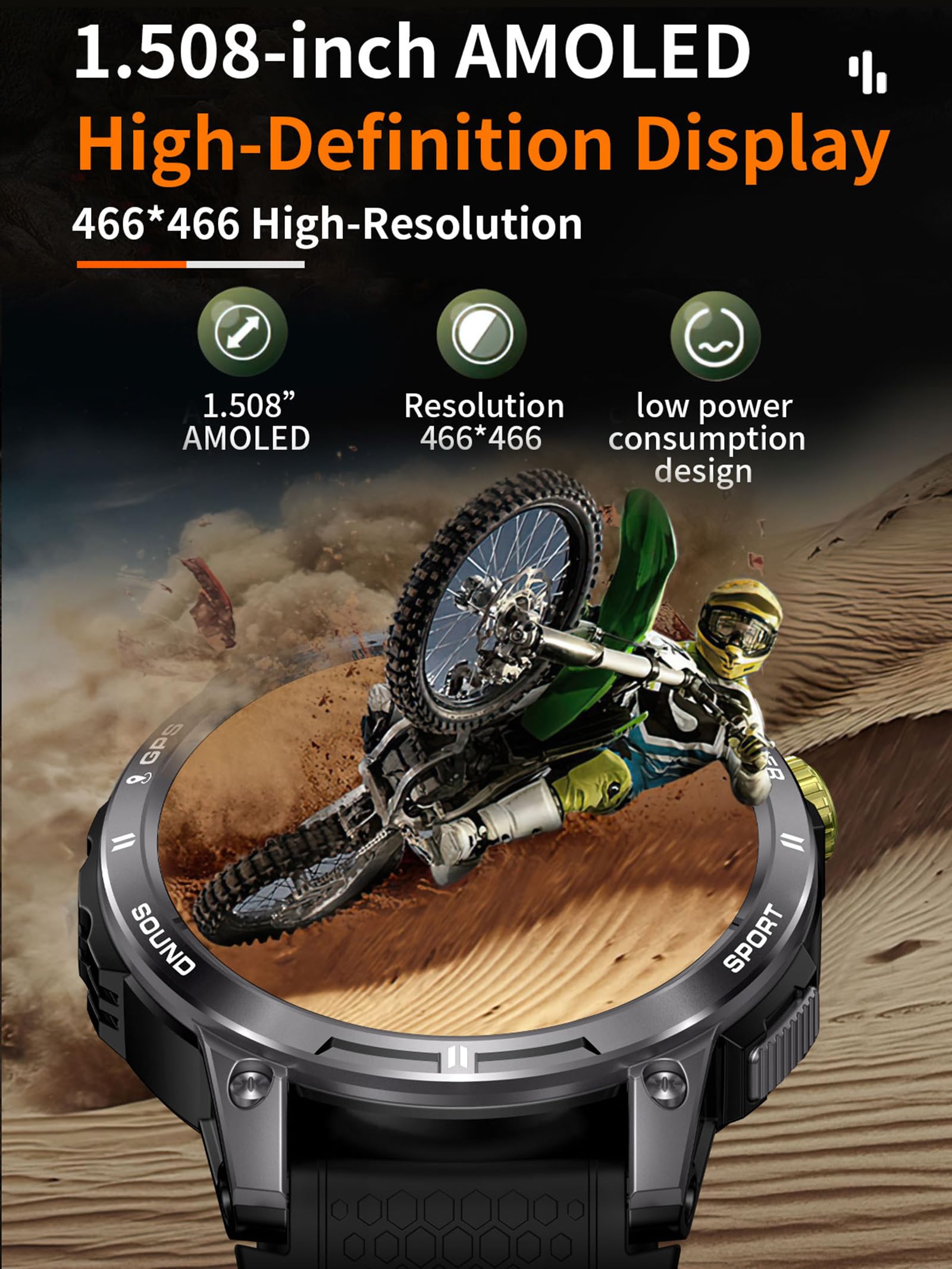 Montre connectée GPS pour homme et femme - Montre intelligente avec fonction téléphone - Podomètre - Montre militaire d'extérieur avec boussole - Montre de sport - Montre de sport - Montre de course