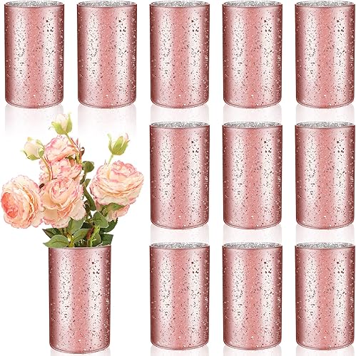 12 jarrones de cristal brillantes para centros de mesa de flores, florero de flores moteadas de 6 x 3.5 pulgadas, portavelas votivas para centros de