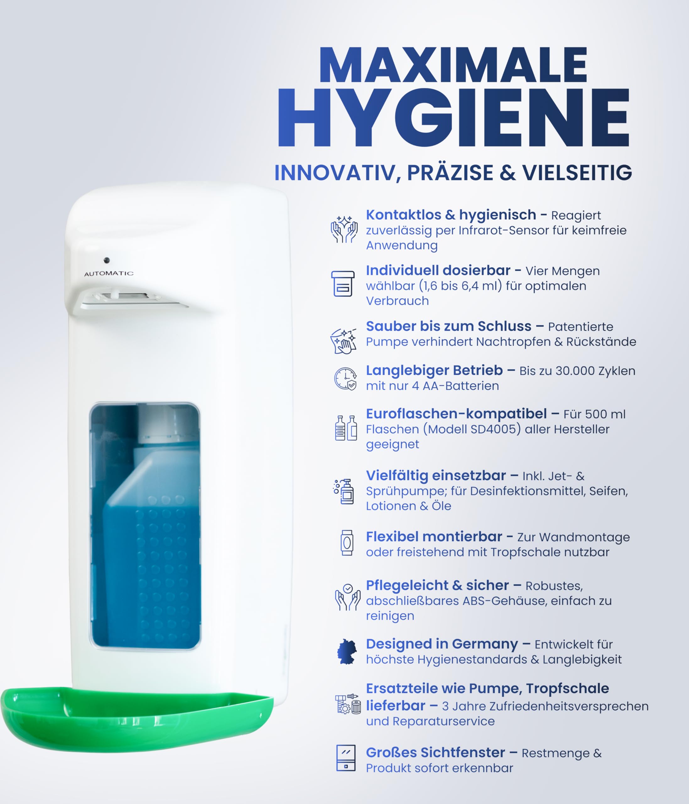 Dispensador de desinfectante automático para botellas europeas, dispensador europeo y dispensador desinfectante con sensor, dispensador de jabón de pared y recargable (blanco con verde